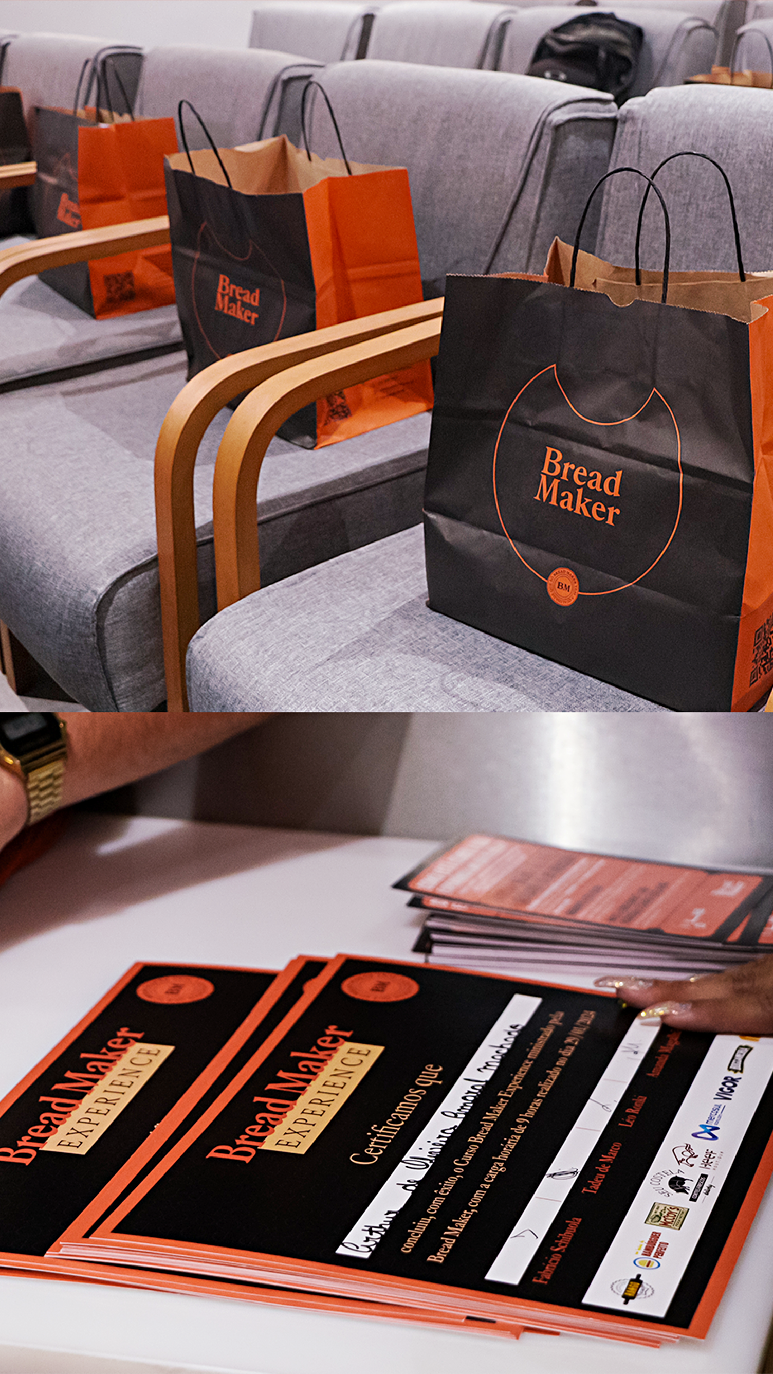 Bread Maker Design Um homem está segurando um hambúrguer na frente de uma multidão de pessoas.