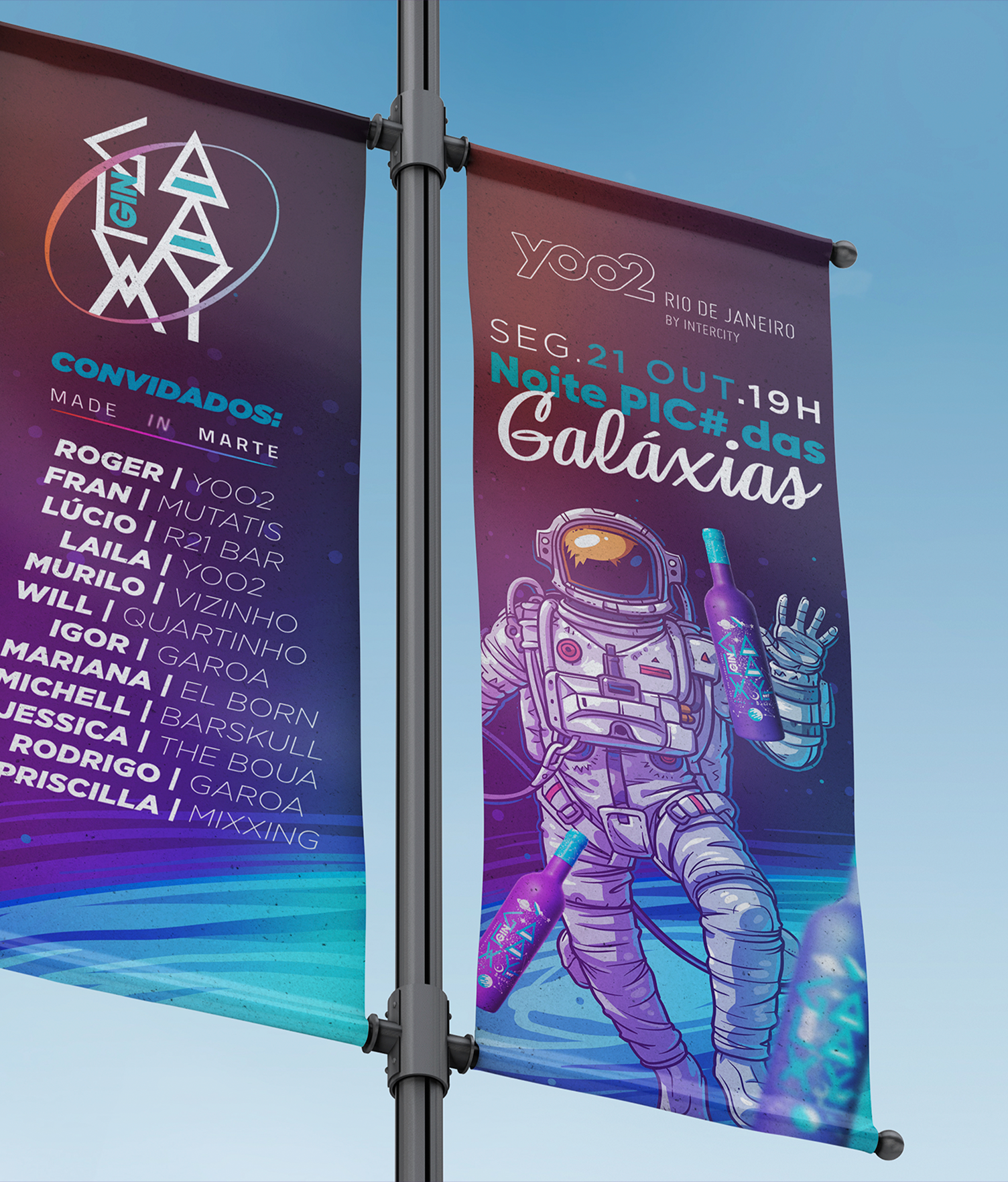 Dois banners em um mastro, um dos quais tem um astronauta