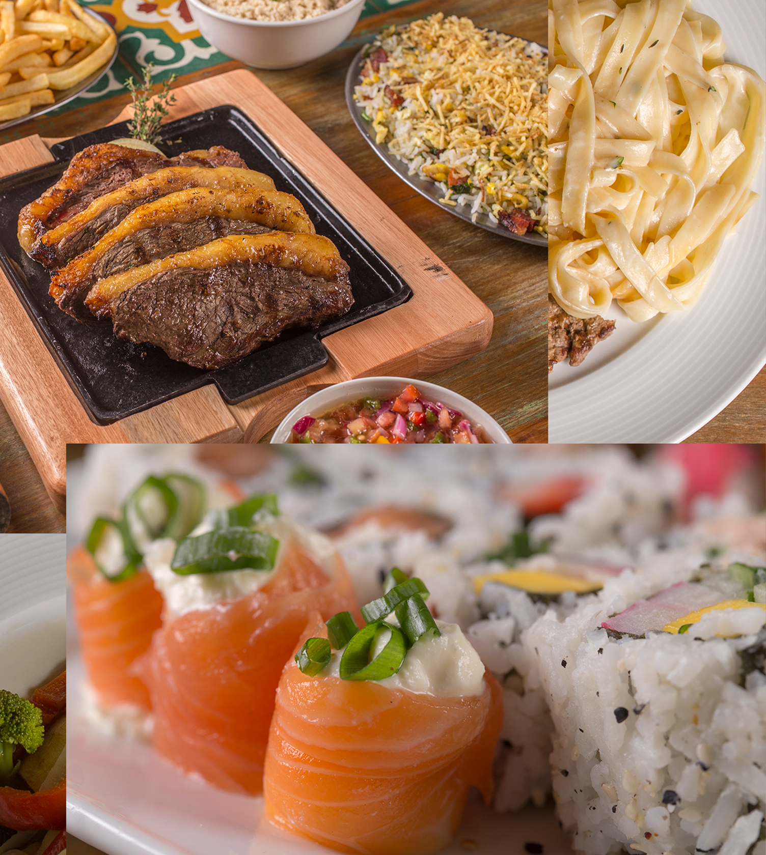 Uma colagem de diferentes tipos de comida em uma mesa