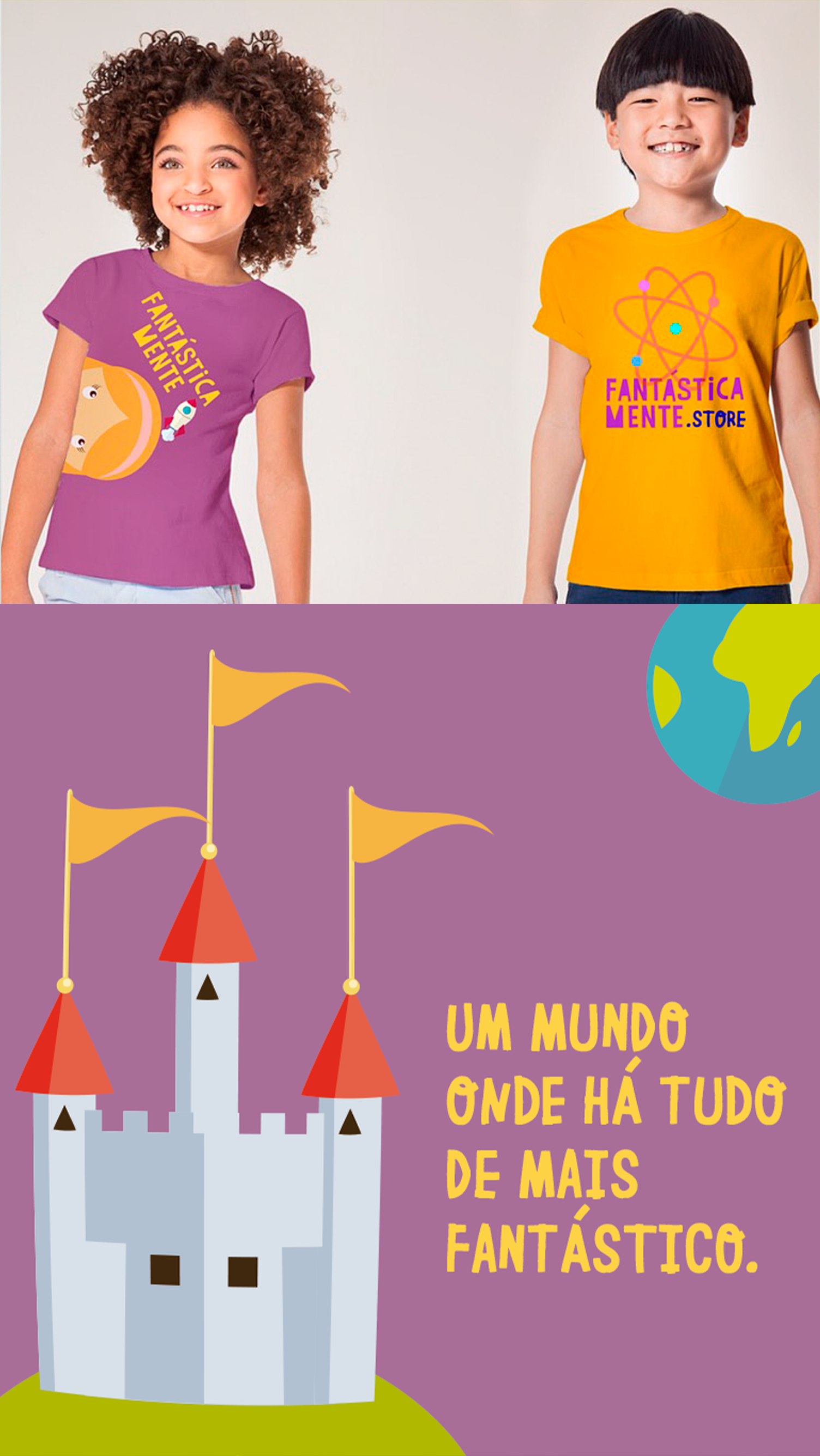 A girl and a boy wearing shirts that say um mundo onde ha tudo de mais fantastico