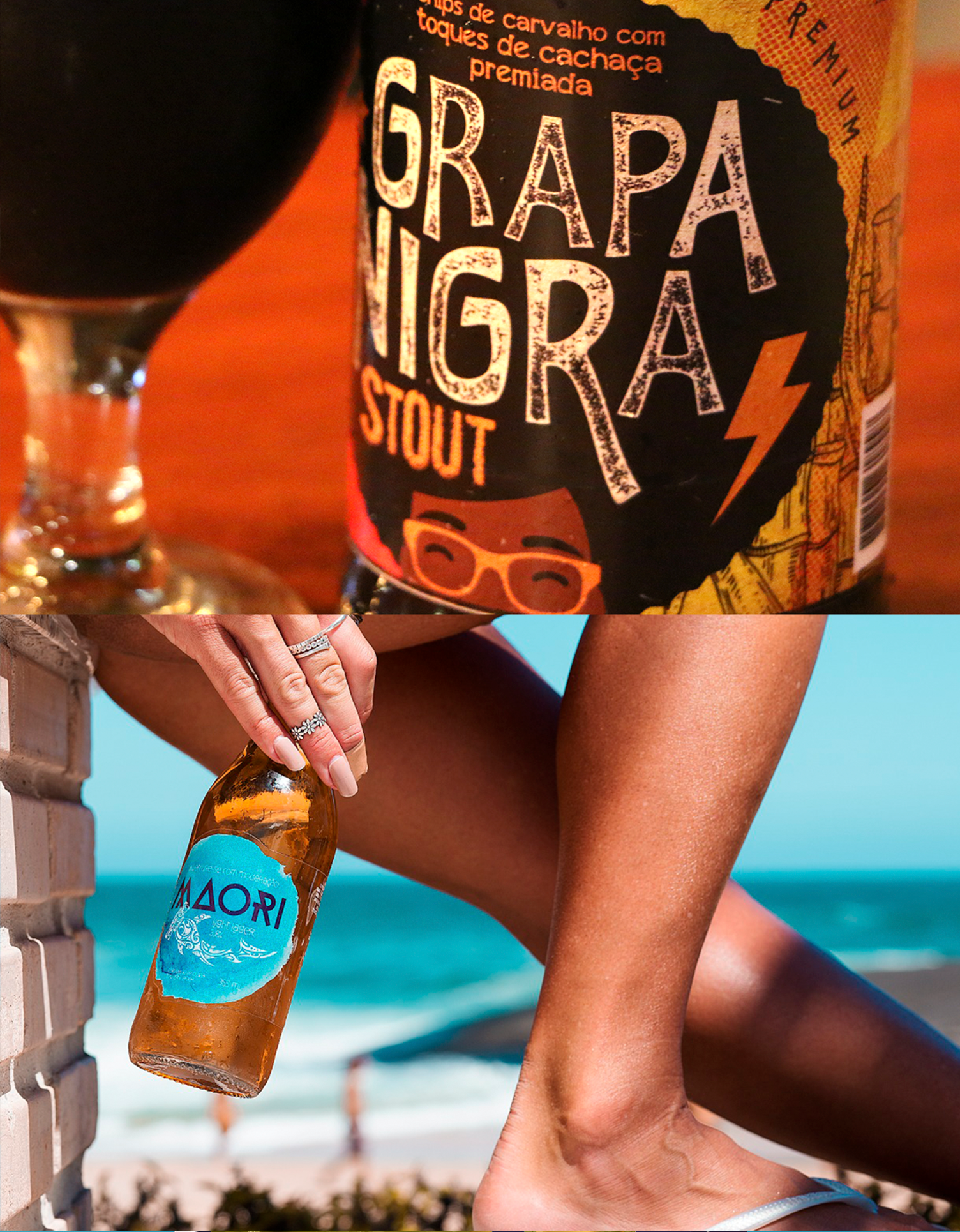 Uma mulher está segurando uma garrafa de grapa negra stout