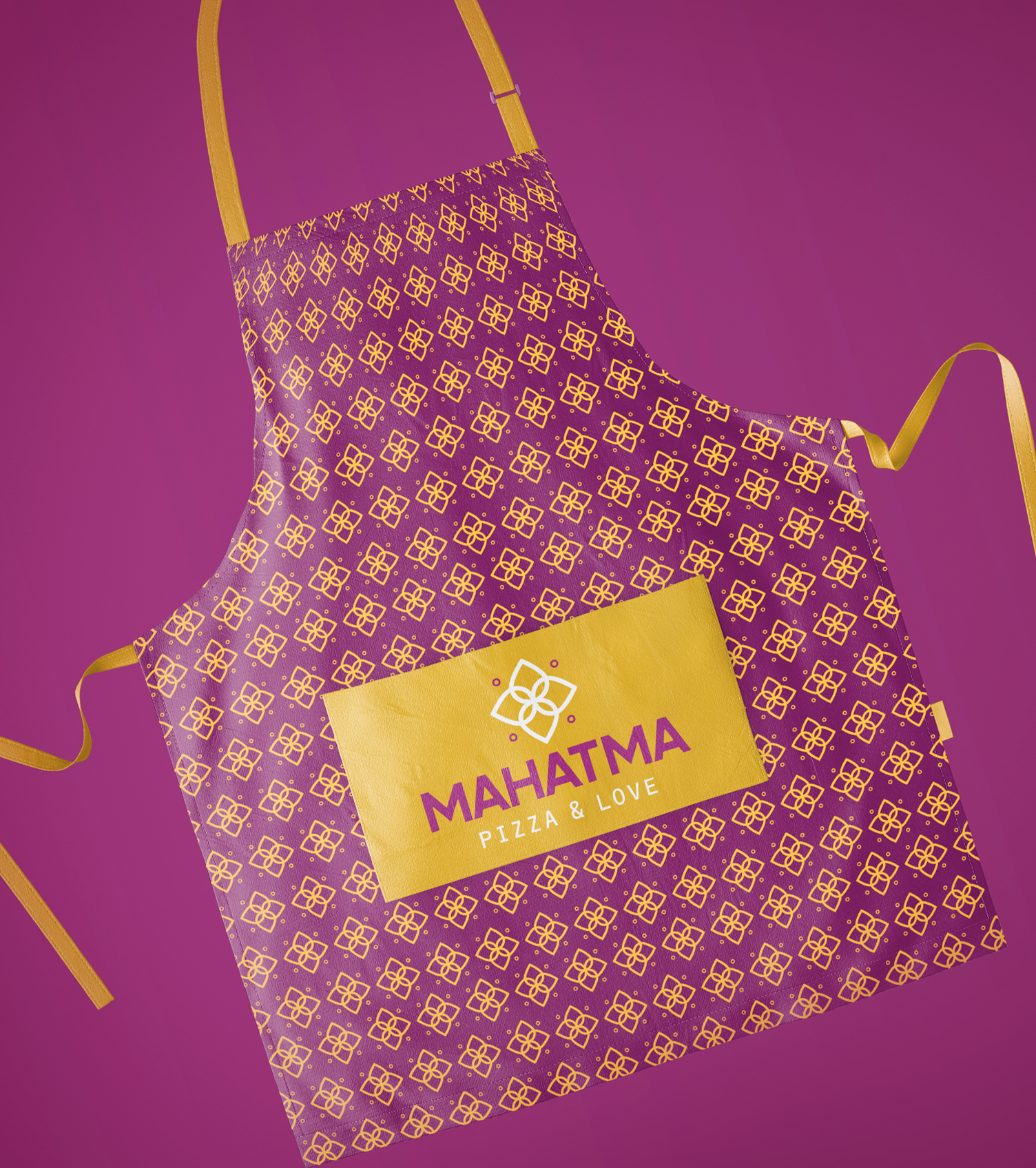 Mahatma Pizzas Um avental roxo com a palavra mahatma