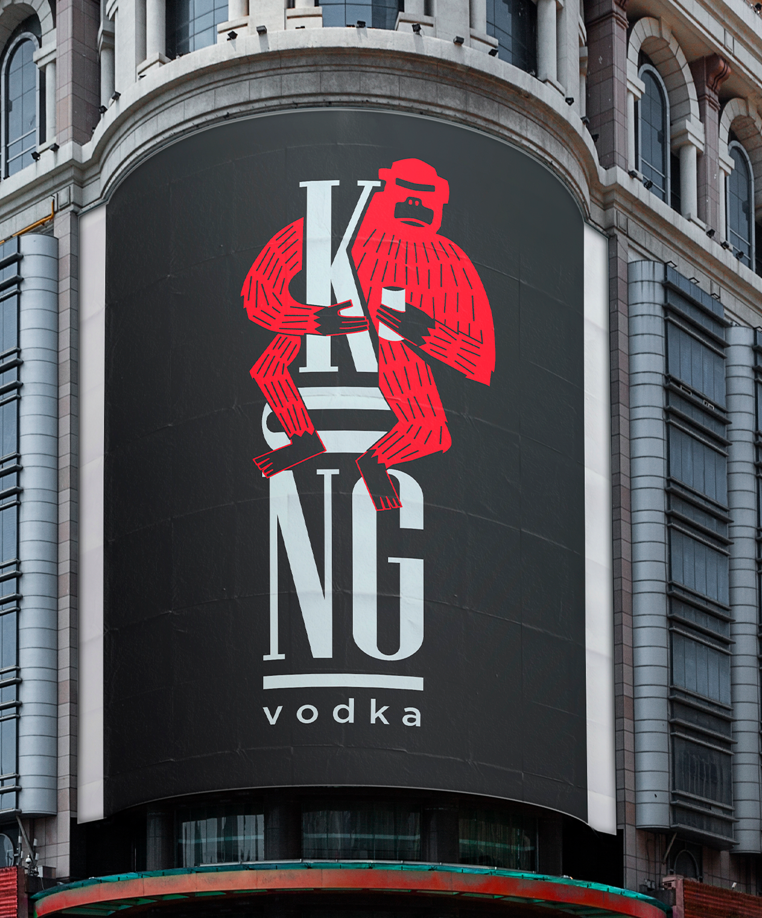 KONG Vodka Uma grande placa na lateral de um prédio que diz kong vodka