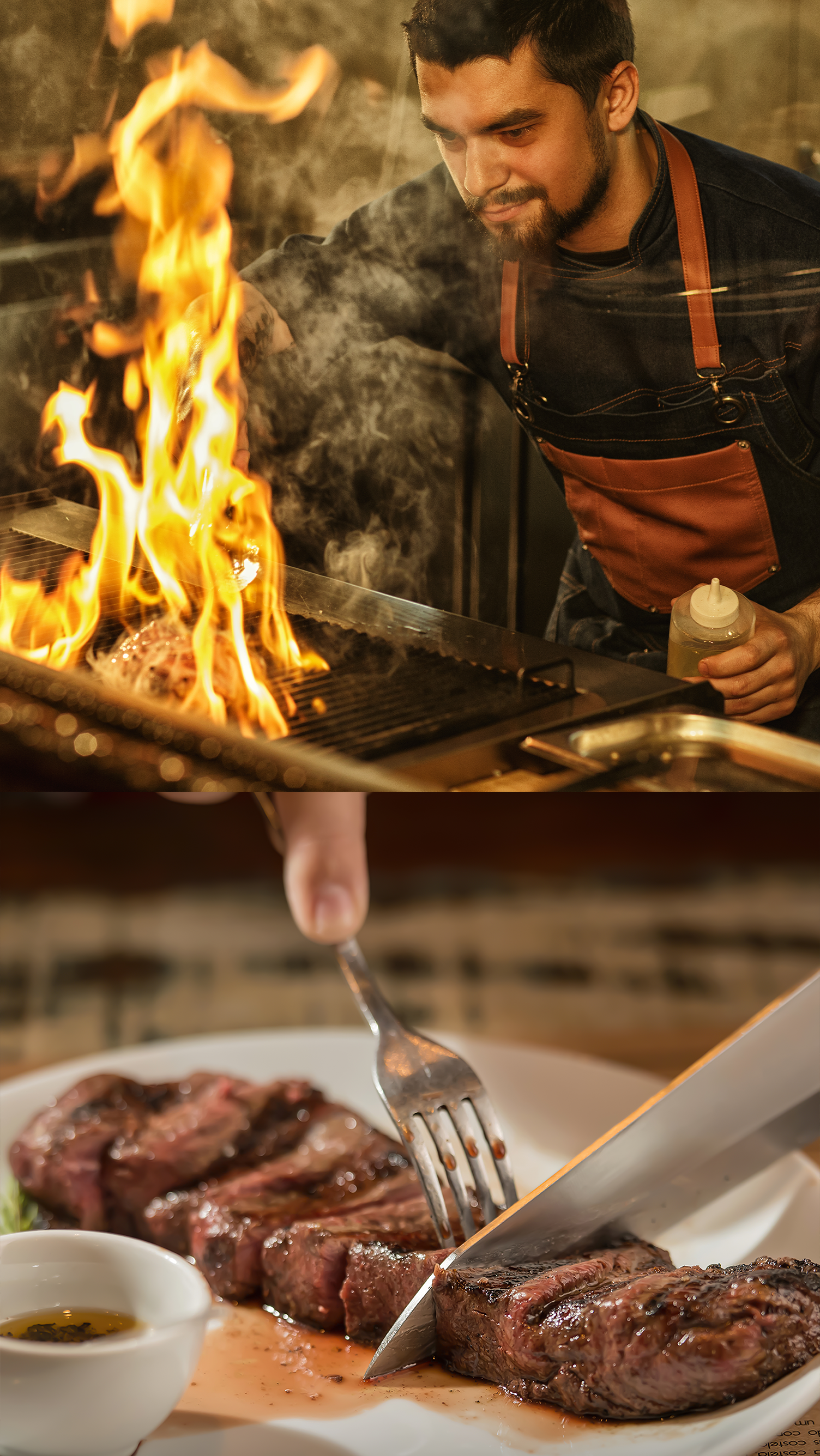 Turus Um homem está cozinhando um bife na grelha ao lado de um prato de bife.