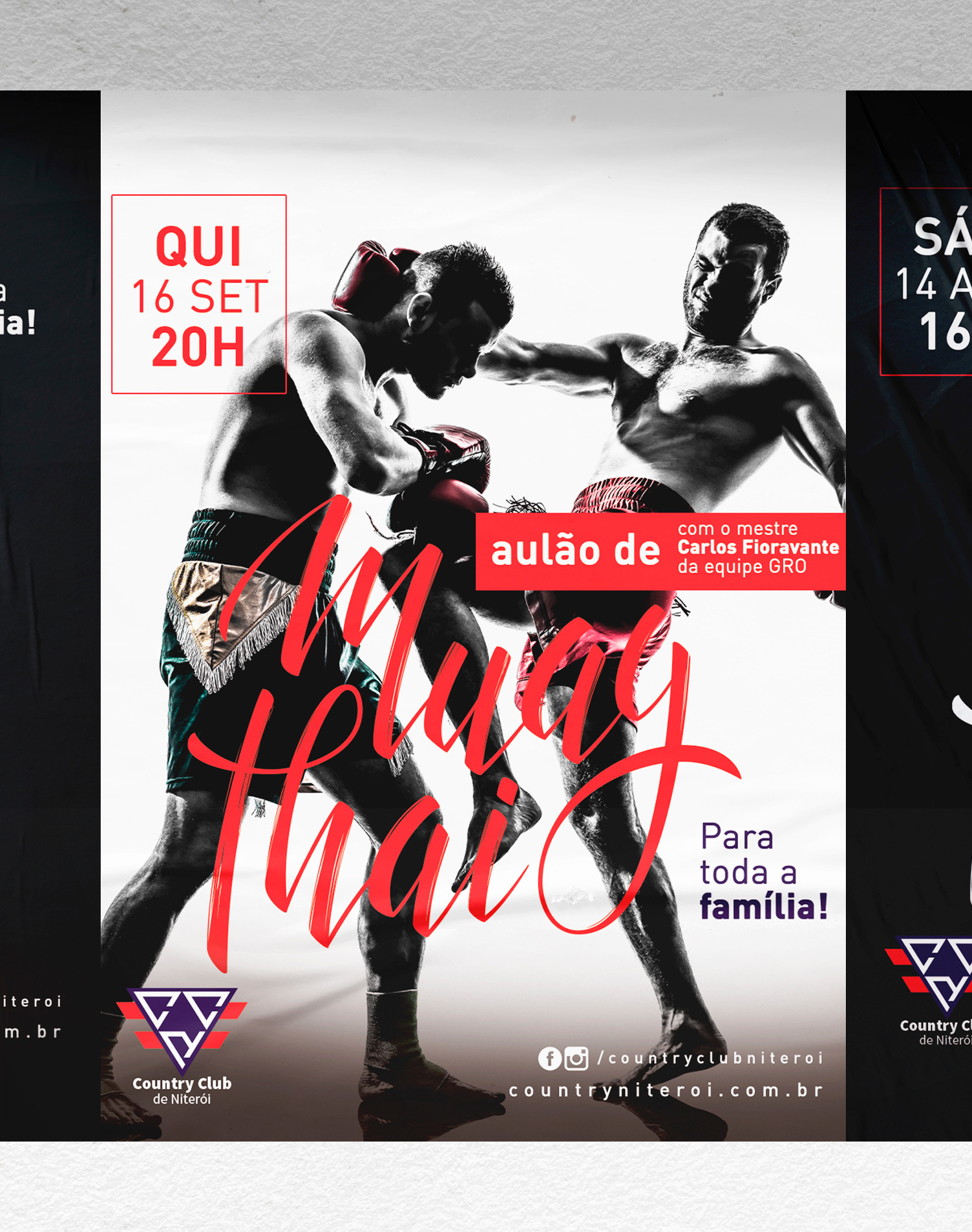 Country Club Niterói Um pôster de muay thai mostra dois homens boxeando