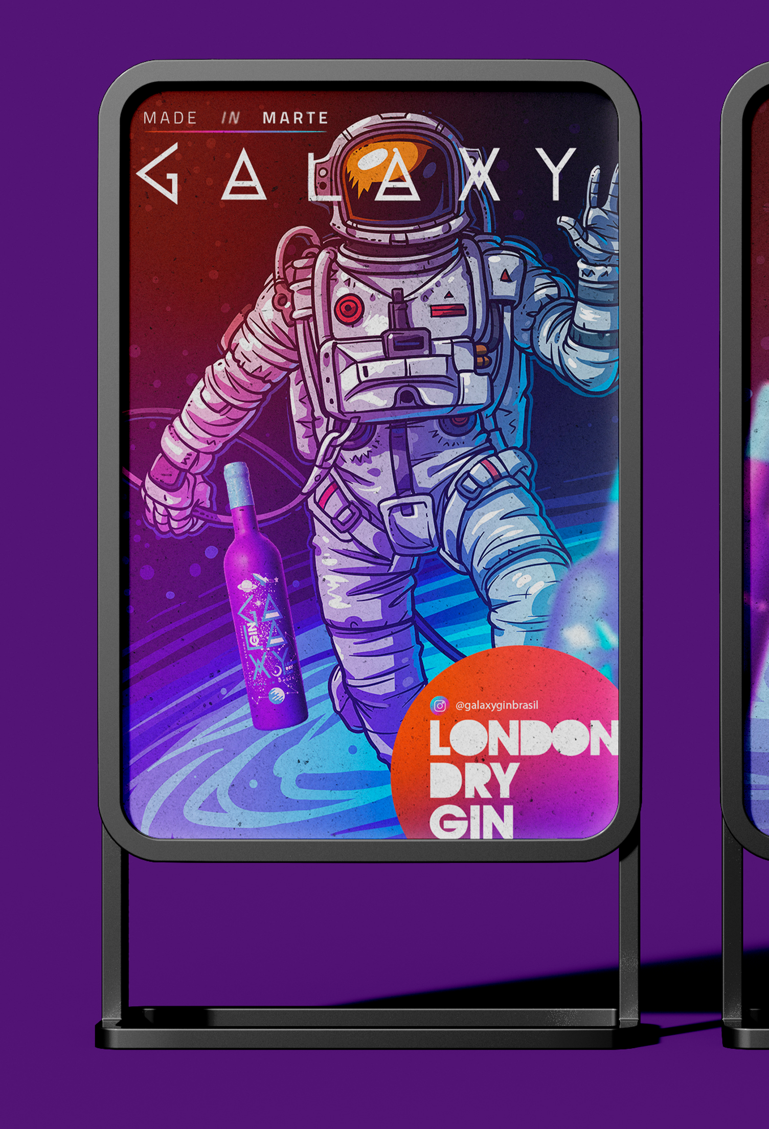 Um pôster de um astronauta segurando uma garrafa de gim em um fundo roxo.