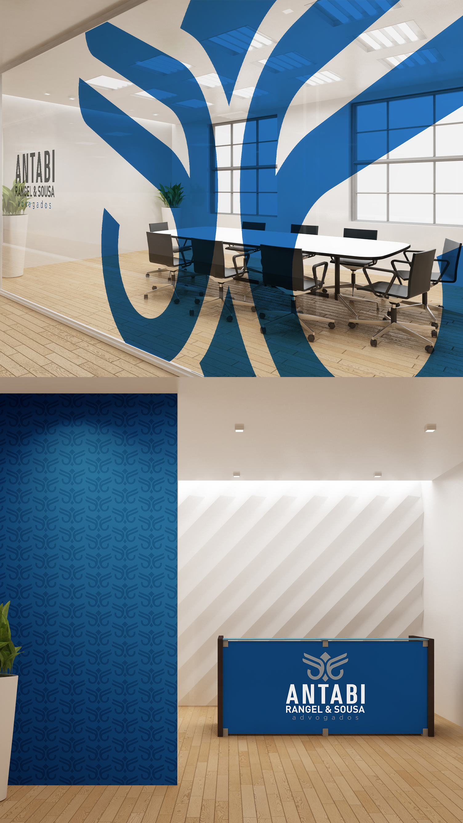 Antabi, Rangel, Sousa, & Goes A conference room with a blue and white logo on the wall.