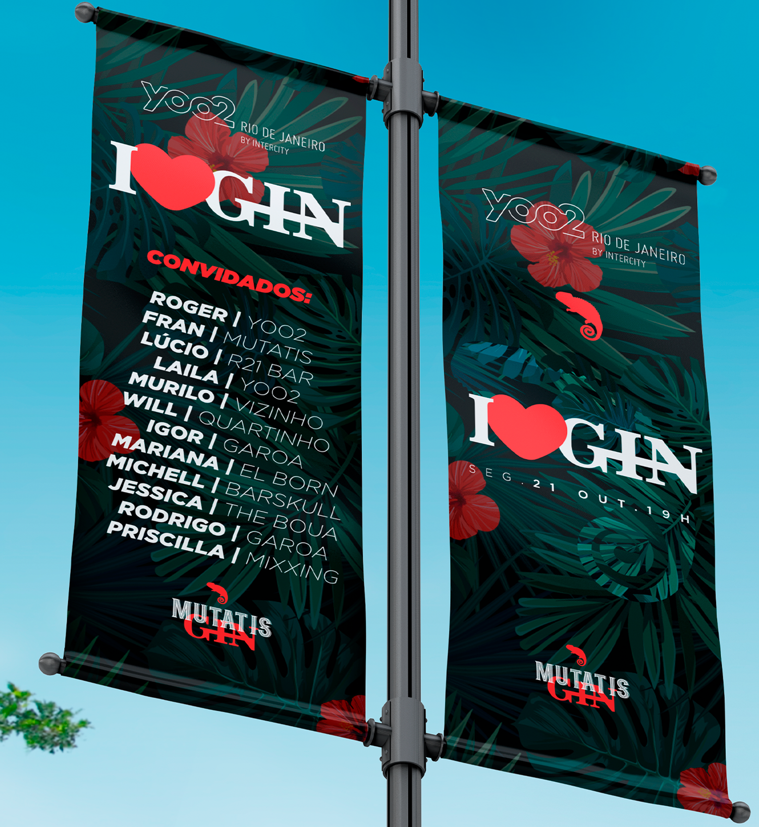 Dois banners em um poste que dizem eu amo gin