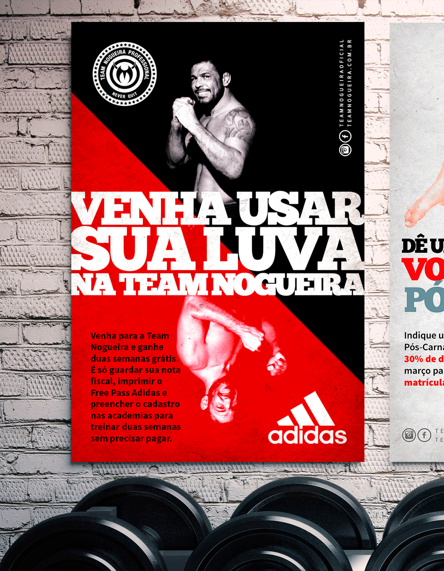 A poster that says ' venha usar sua luva na team nogueira ' on it