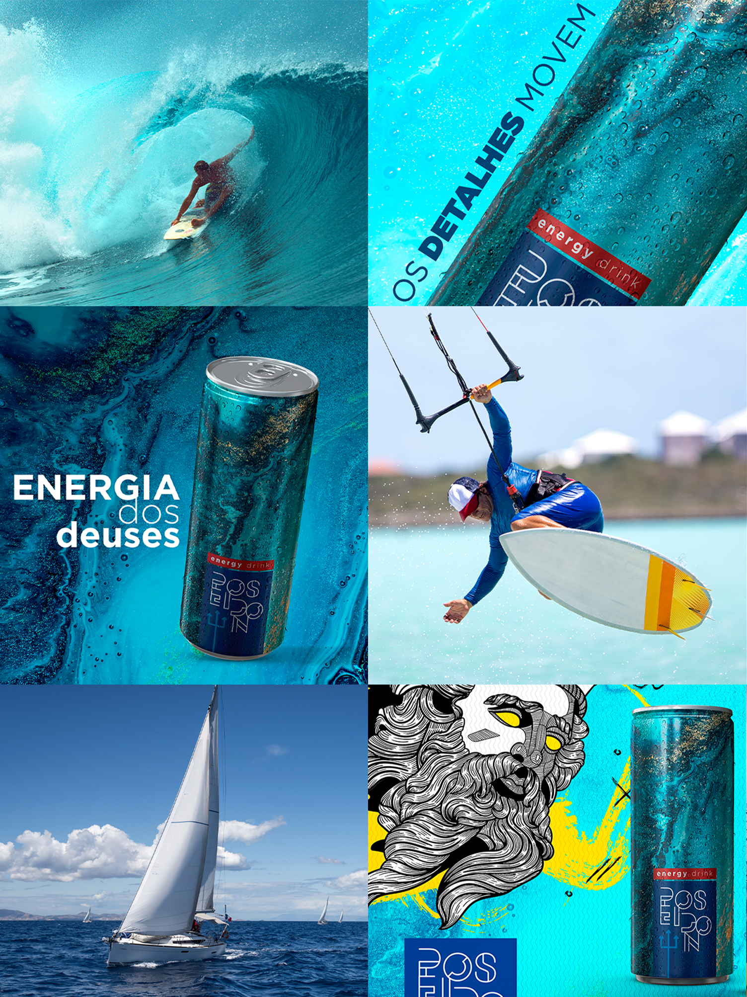 Poseidon Energy Drink A collage of pictures with the words energia das deuses at the top