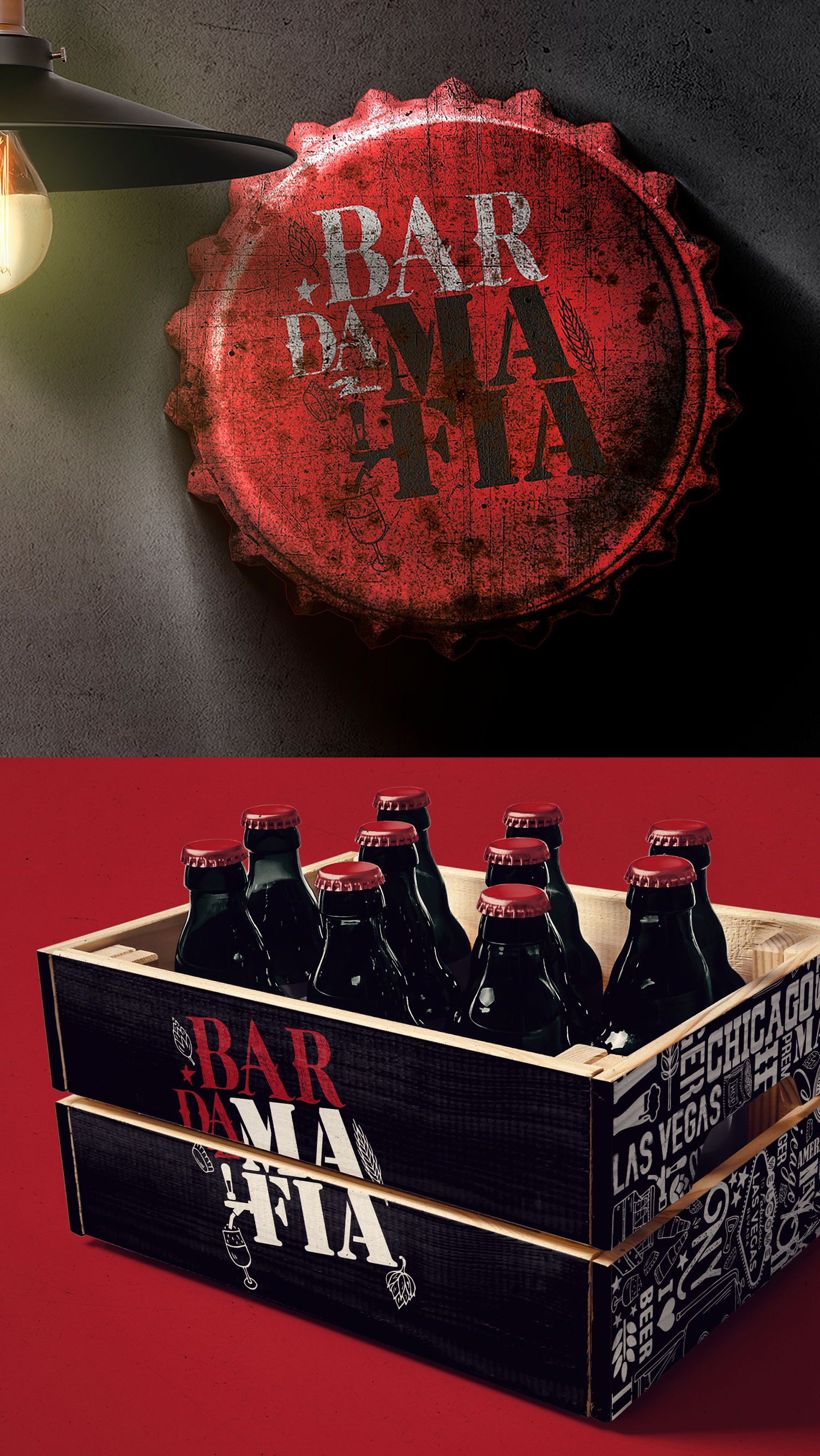 BAR DA MAFIA Uma tampinha de garrafa e uma caixa de madeira cheia de garrafas de cerveja.