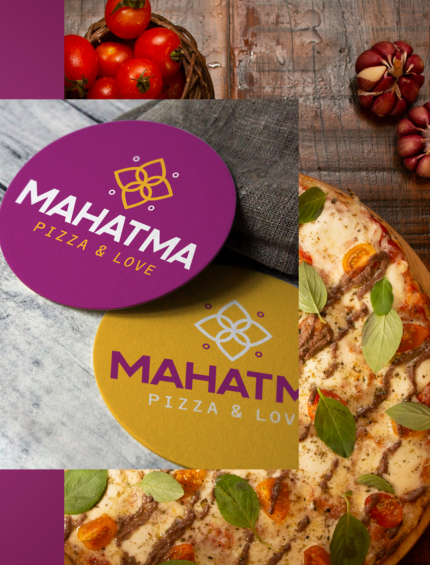 Mahatma Pizzas Uma pizza com um logotipo roxo que diz mahatma pizza & love