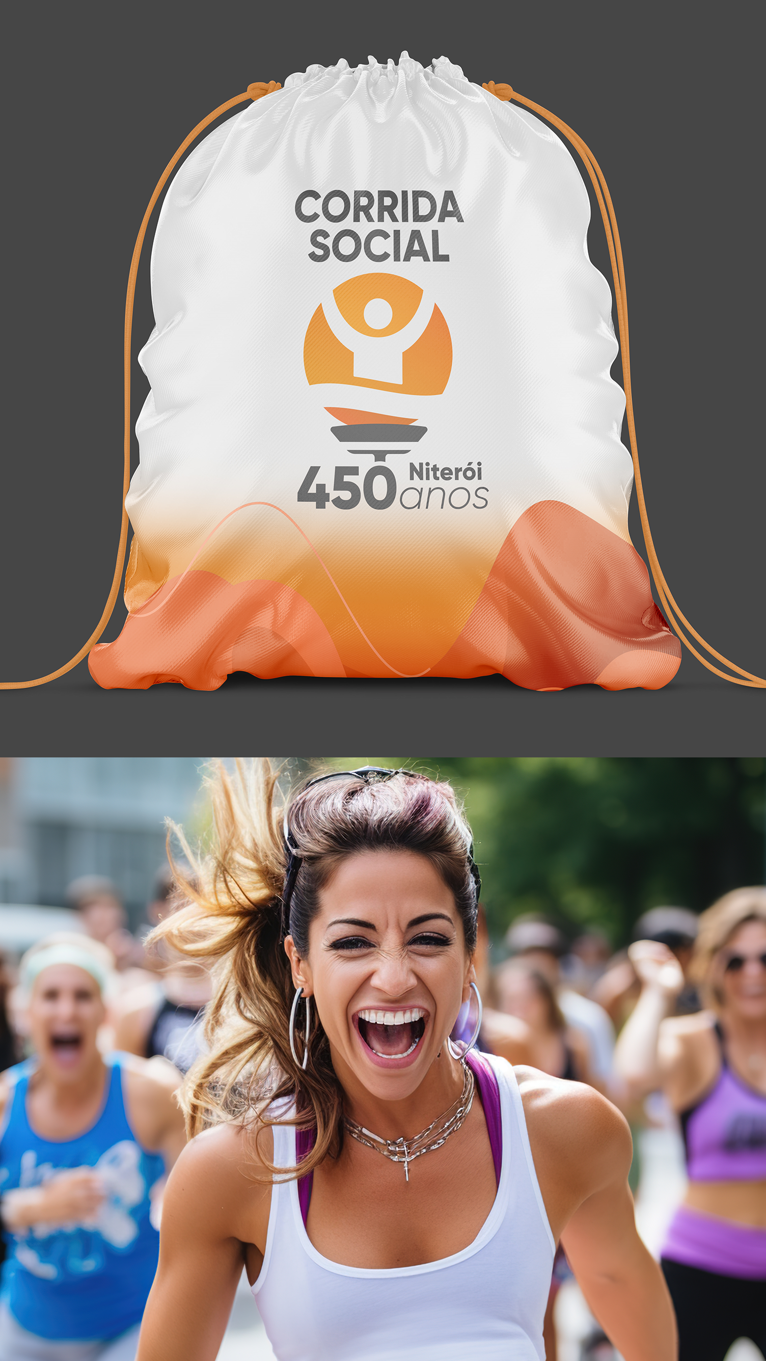 Corrida Social Uma mulher está rindo ao lado de uma bolsa com cordão que diz corrida social