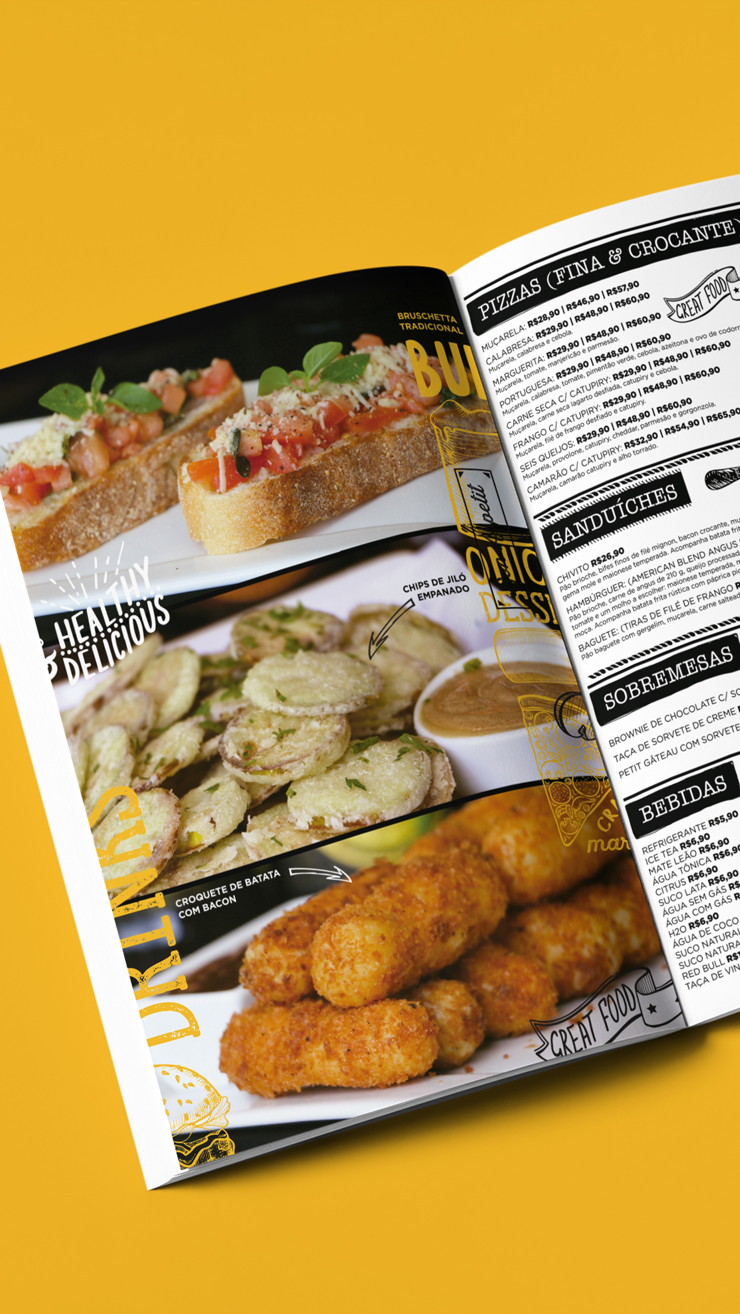 A book is open to a page with a bunch of food on it.