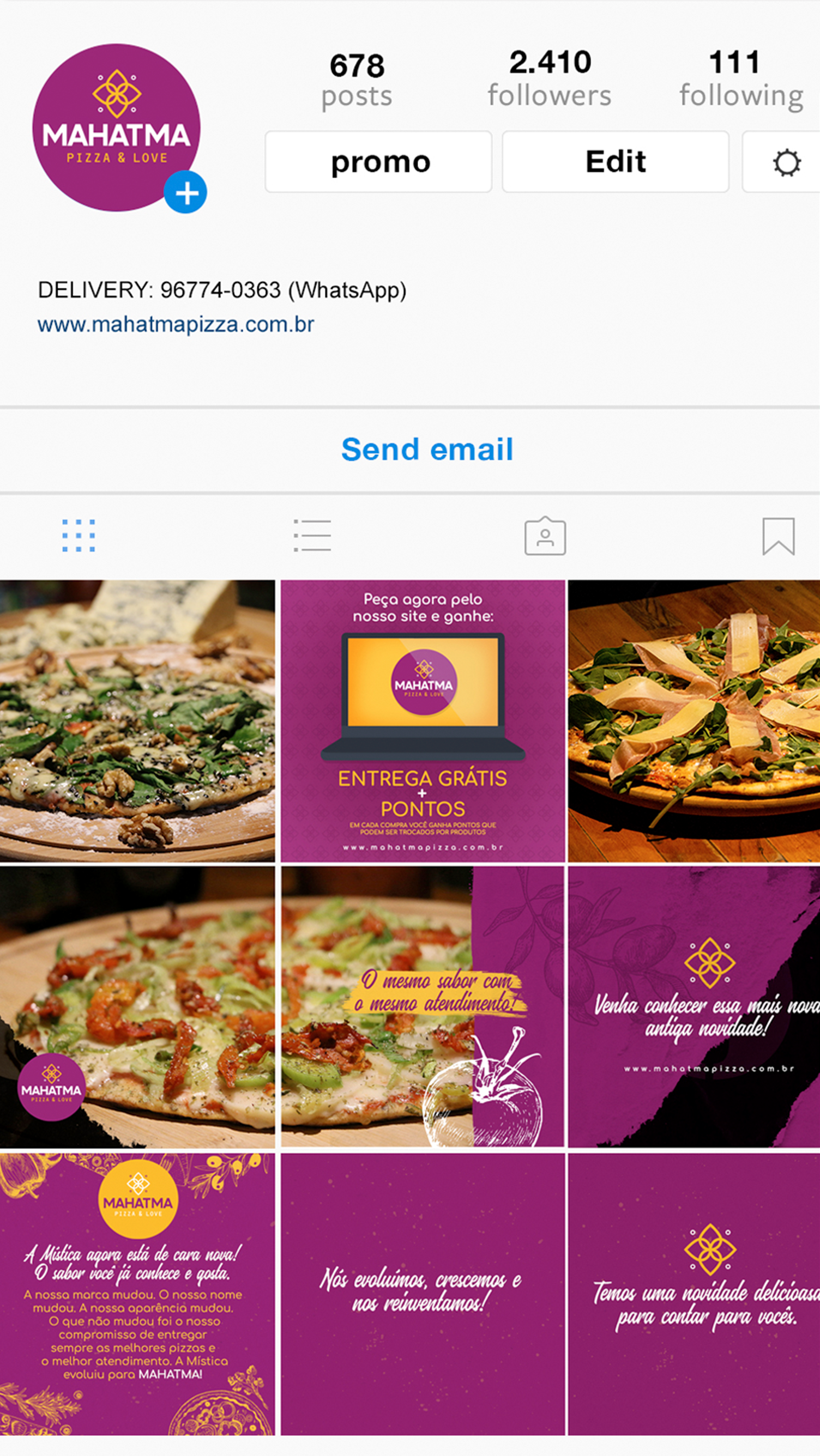 Mahatma Pizzas Uma captura de tela da página do Instagram de uma pizzaria.