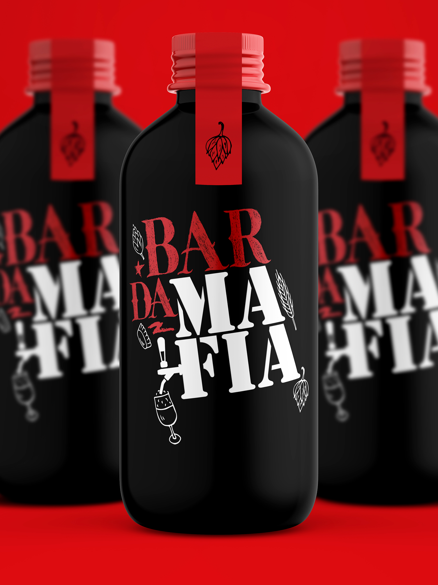 BAR DA MAFIA Três garrafas pretas de bar da ma fia em um fundo vermelho