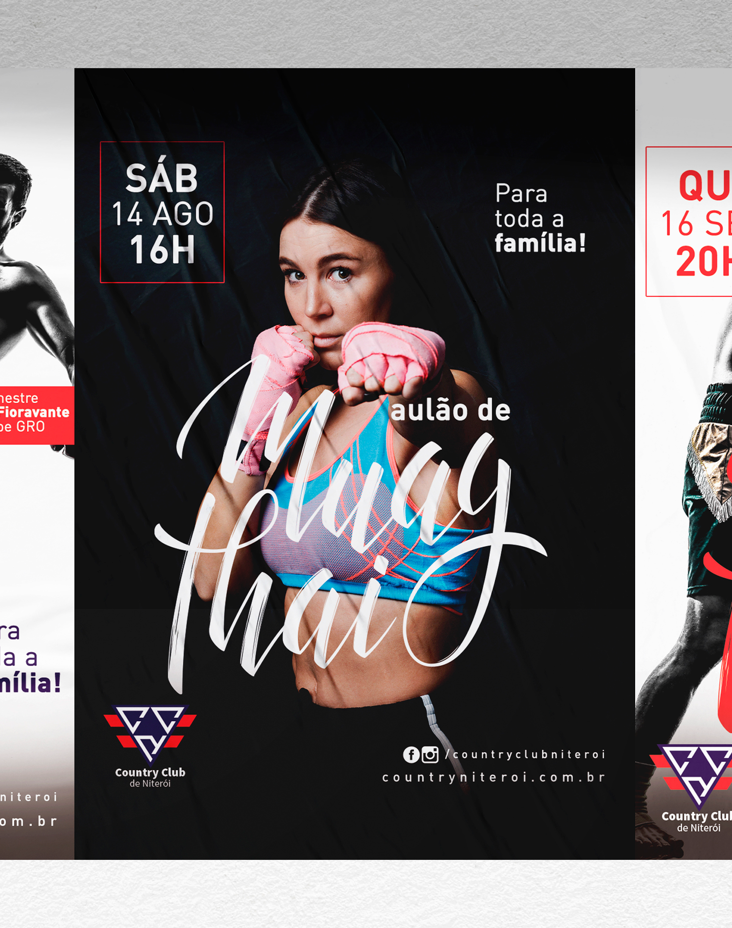 Um pôster de muay thai mostra uma mulher usando luvas de boxe rosa.