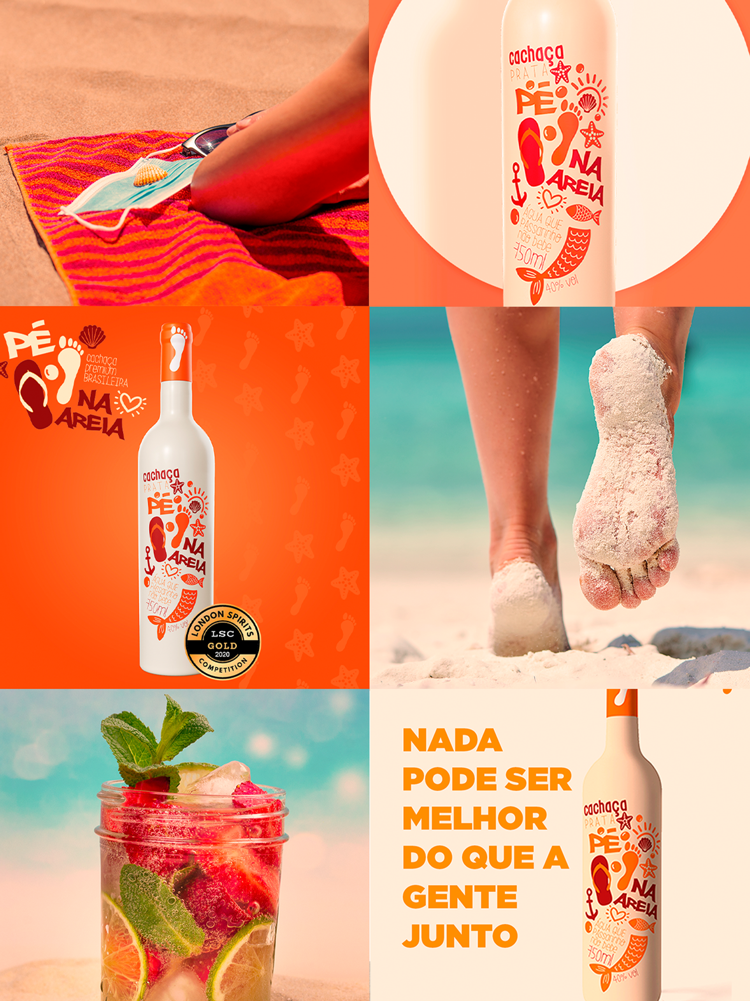 Pé na Areia Cachaça Um conjunto de pegadas com as palavras na areia