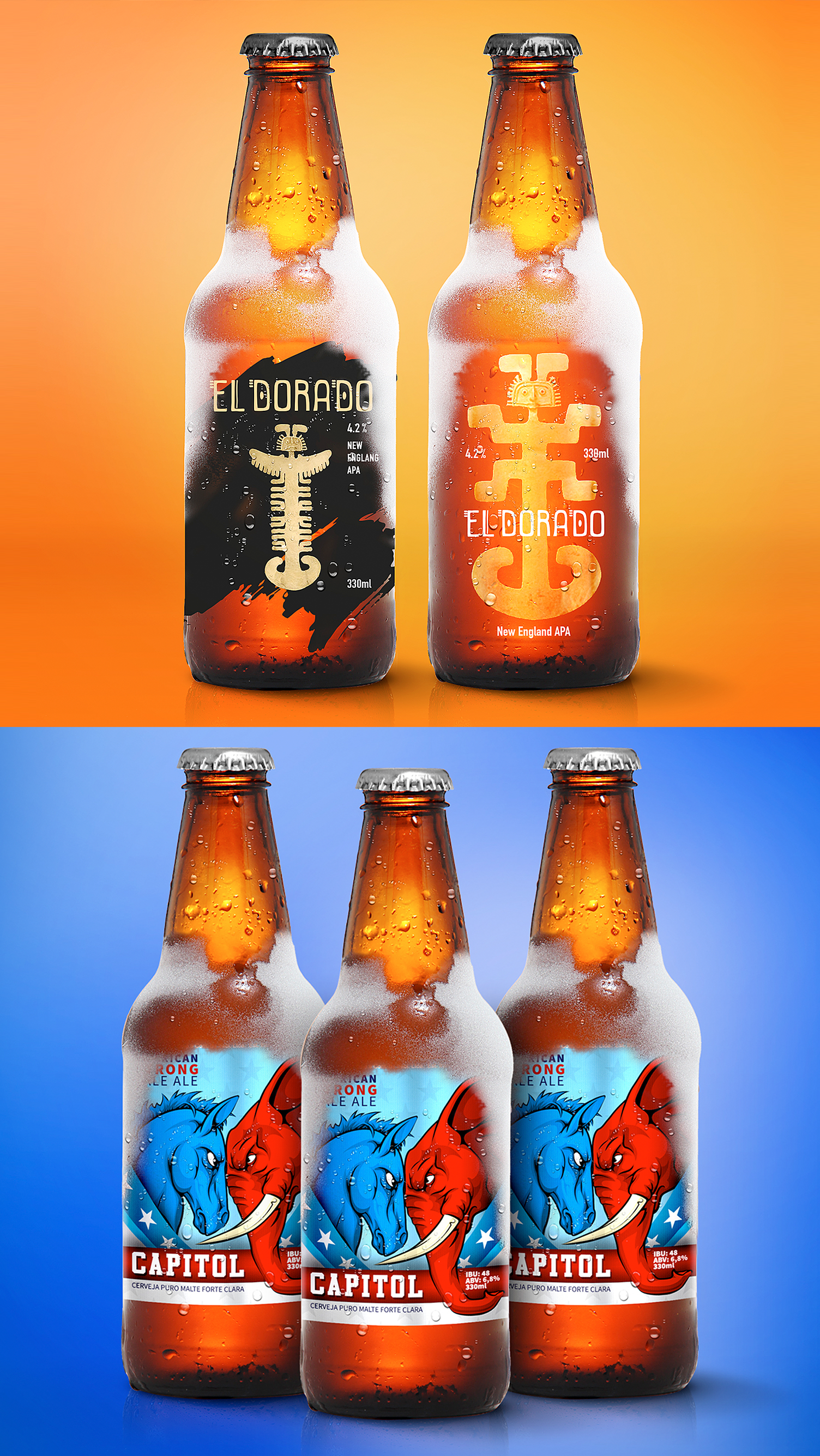Três garrafas de cerveja com elefantes nos rótulos