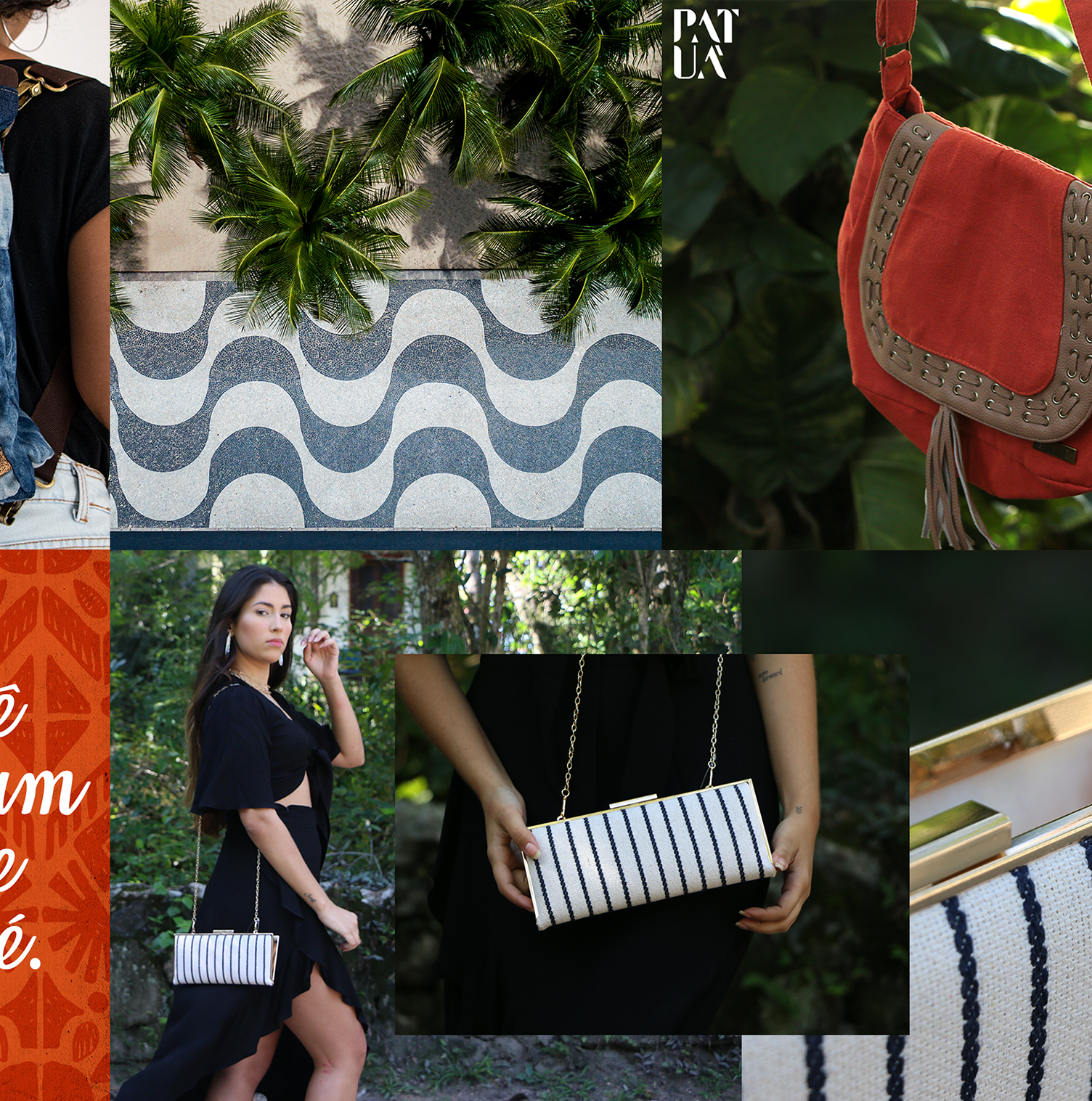 PATUÁ A woman in a black dress is holding a striped purse