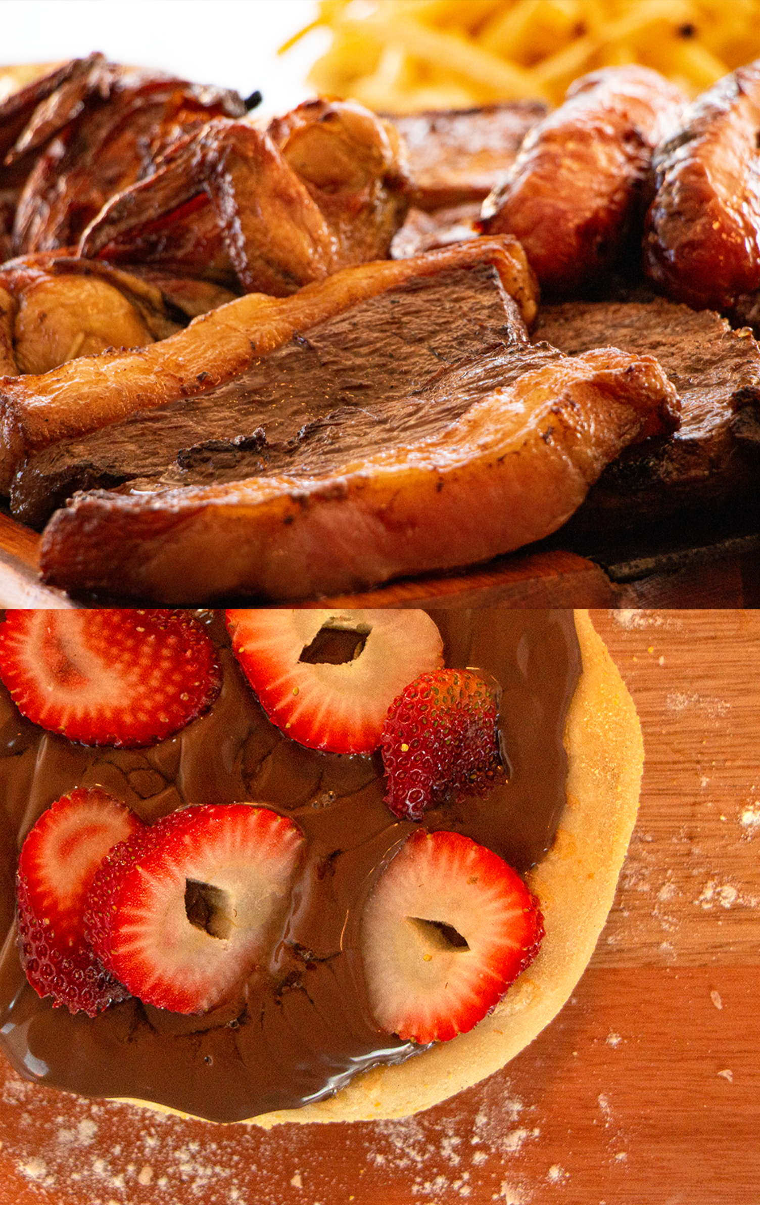 Turus Um close de um prato de comida com morangos e calda de chocolate.