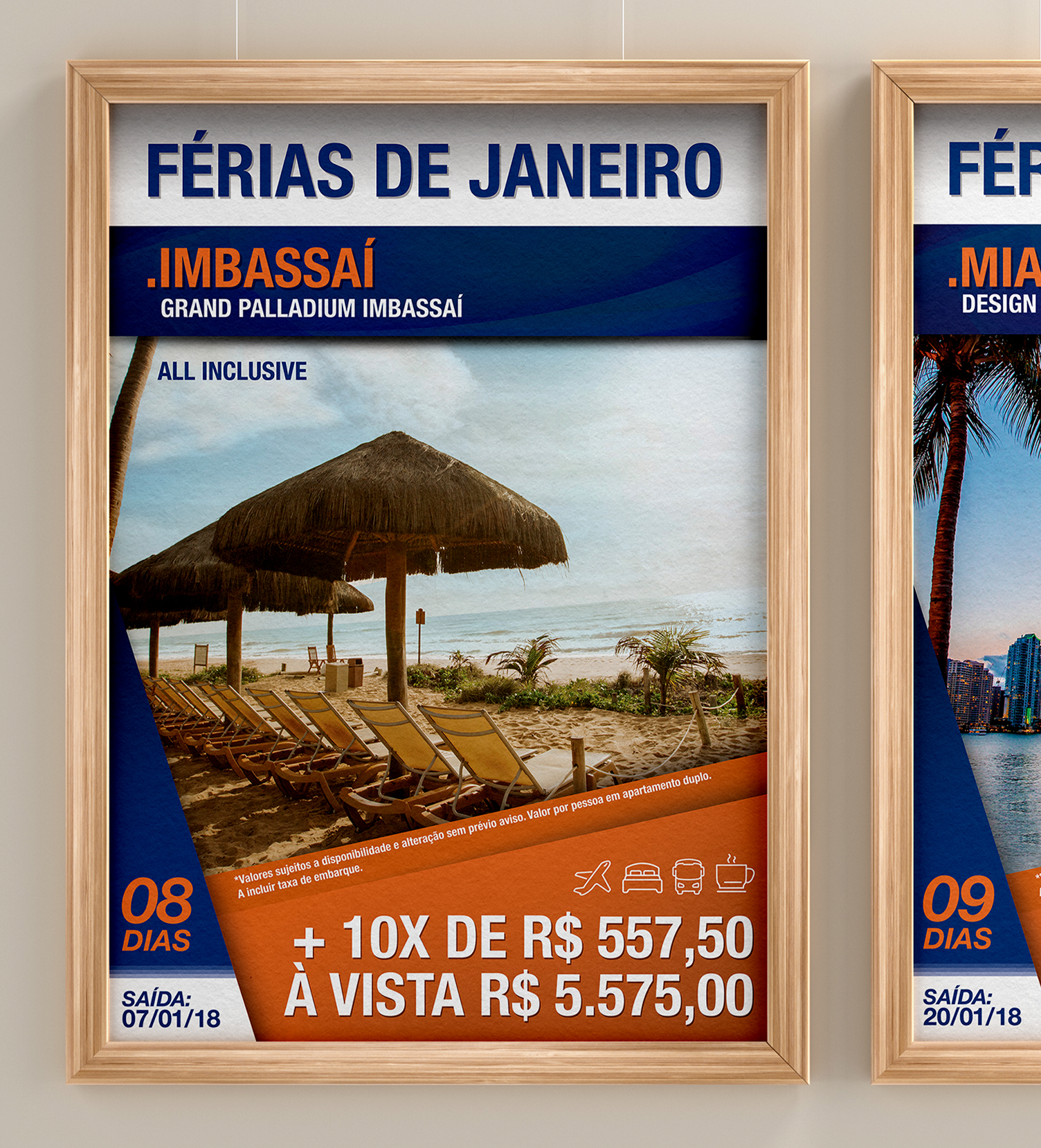 Dois pôsteres emoldurados para férias de janeiro estão pendurados na parede