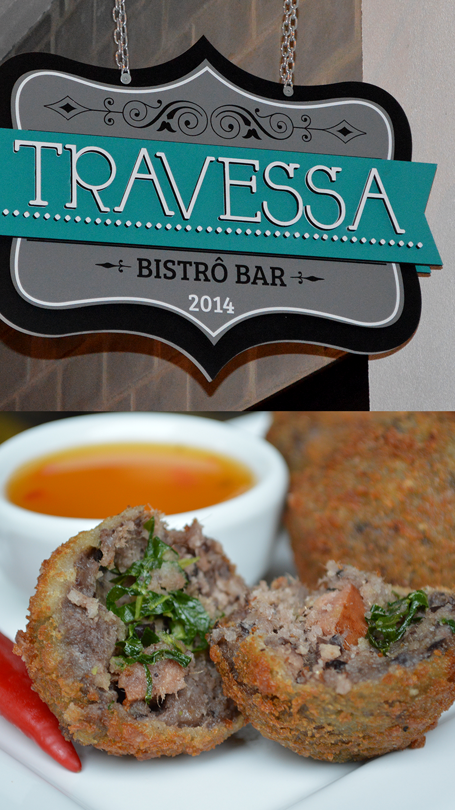 Travessa A sign for travessa bistro bar is above a plate of food