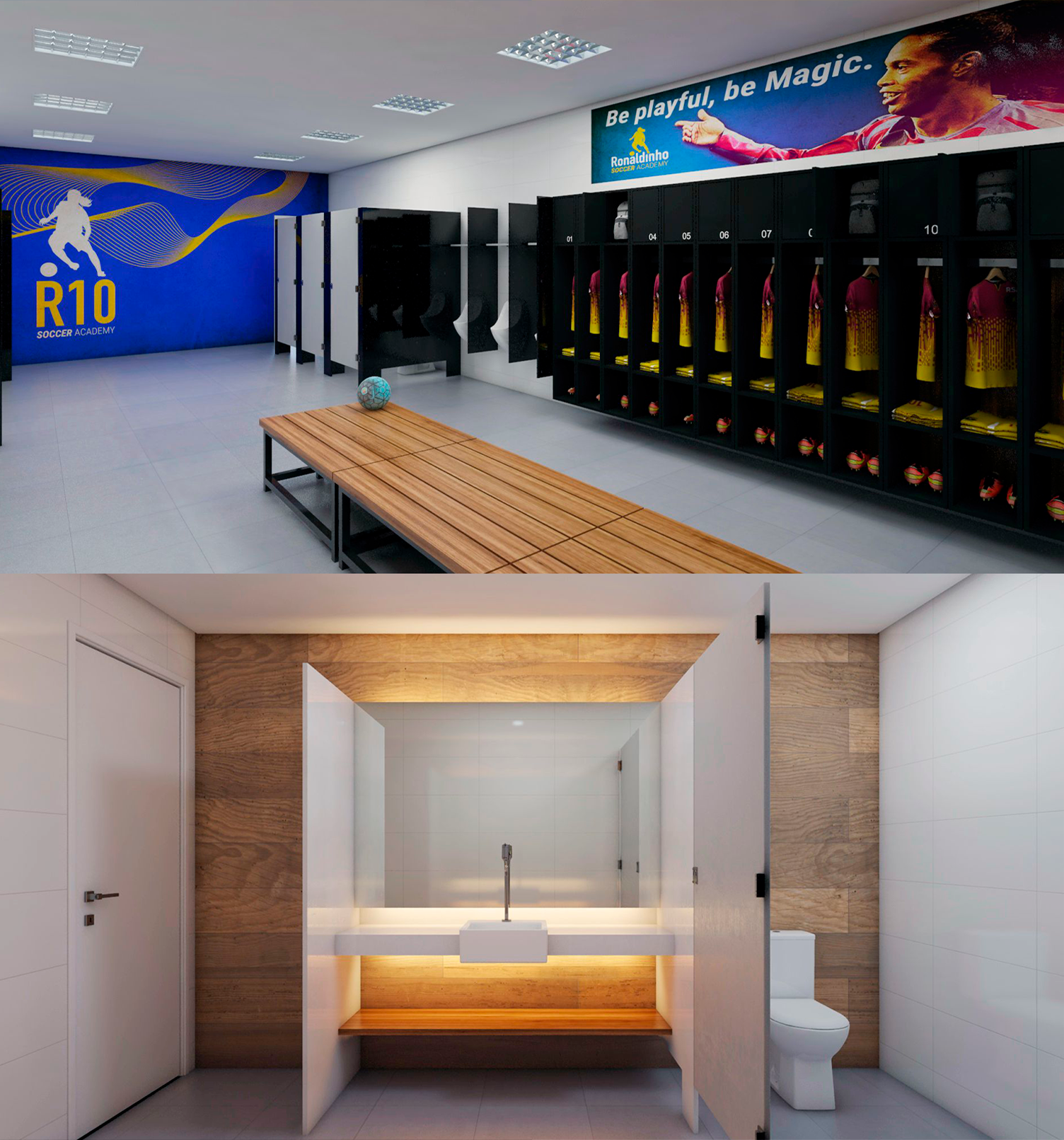 Ronaldinho Soccer Academy Impressão artística de um vestiário e um banheiro