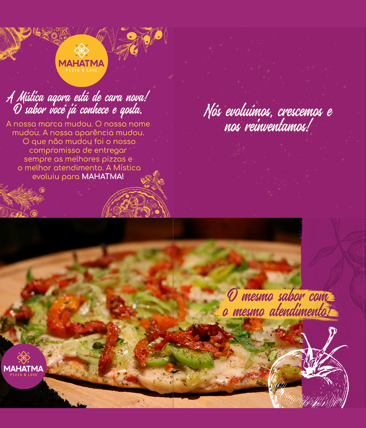 Mahatma Pizzas Uma pizza com muitas coberturas está sobre uma mesa de madeira.
