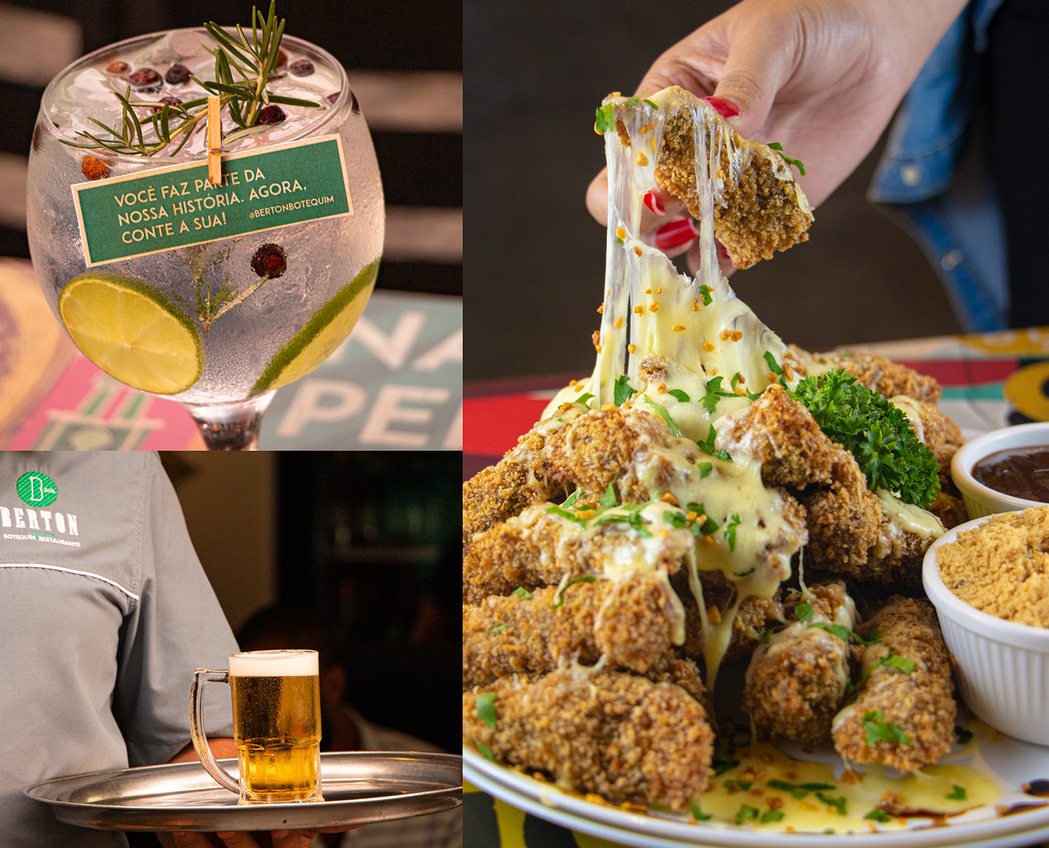 Uma colagem de três fotos de comidas e bebidas