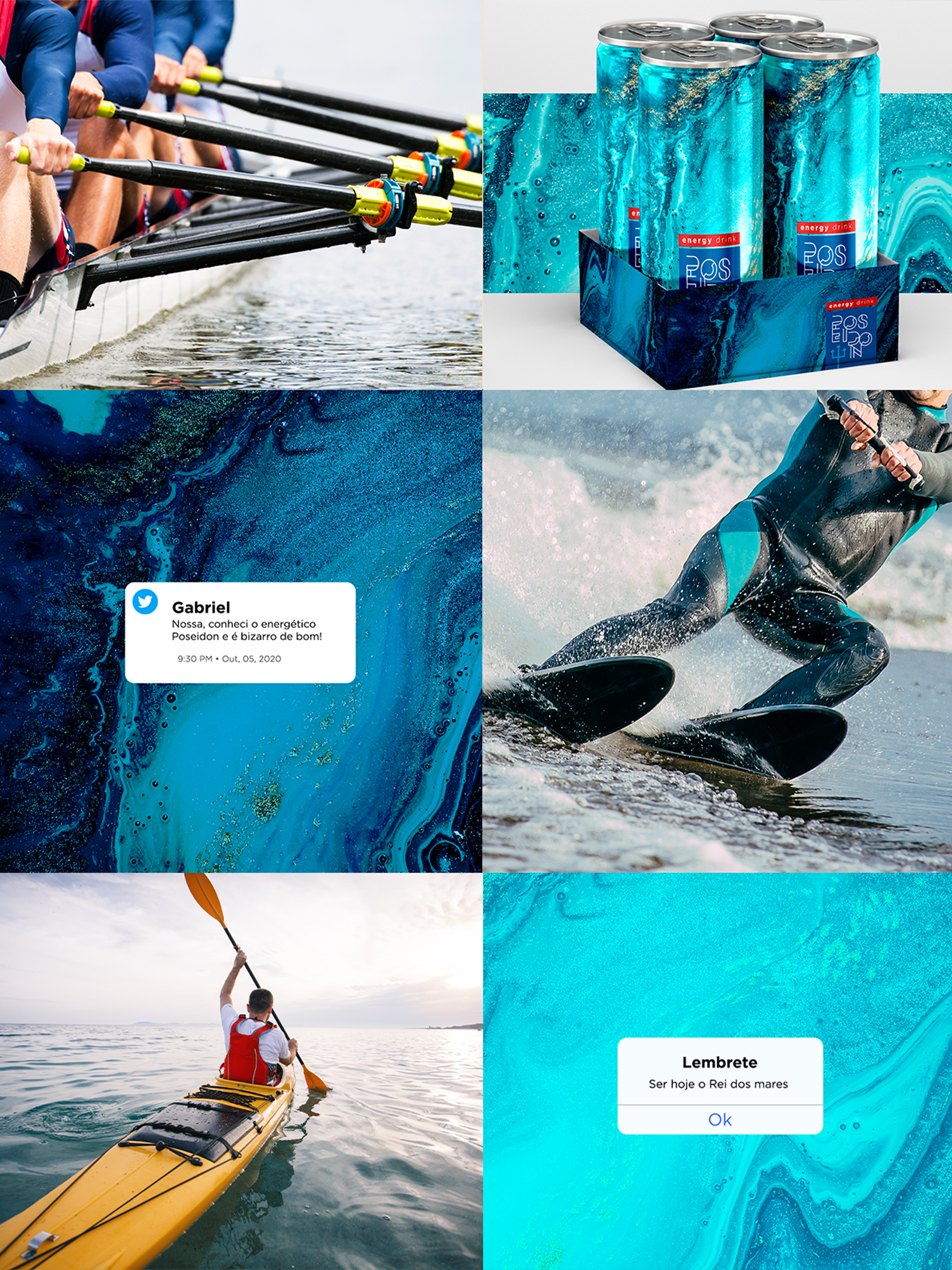 Poseidon Energy Drink A collage of pictures of people doing different activities in the water