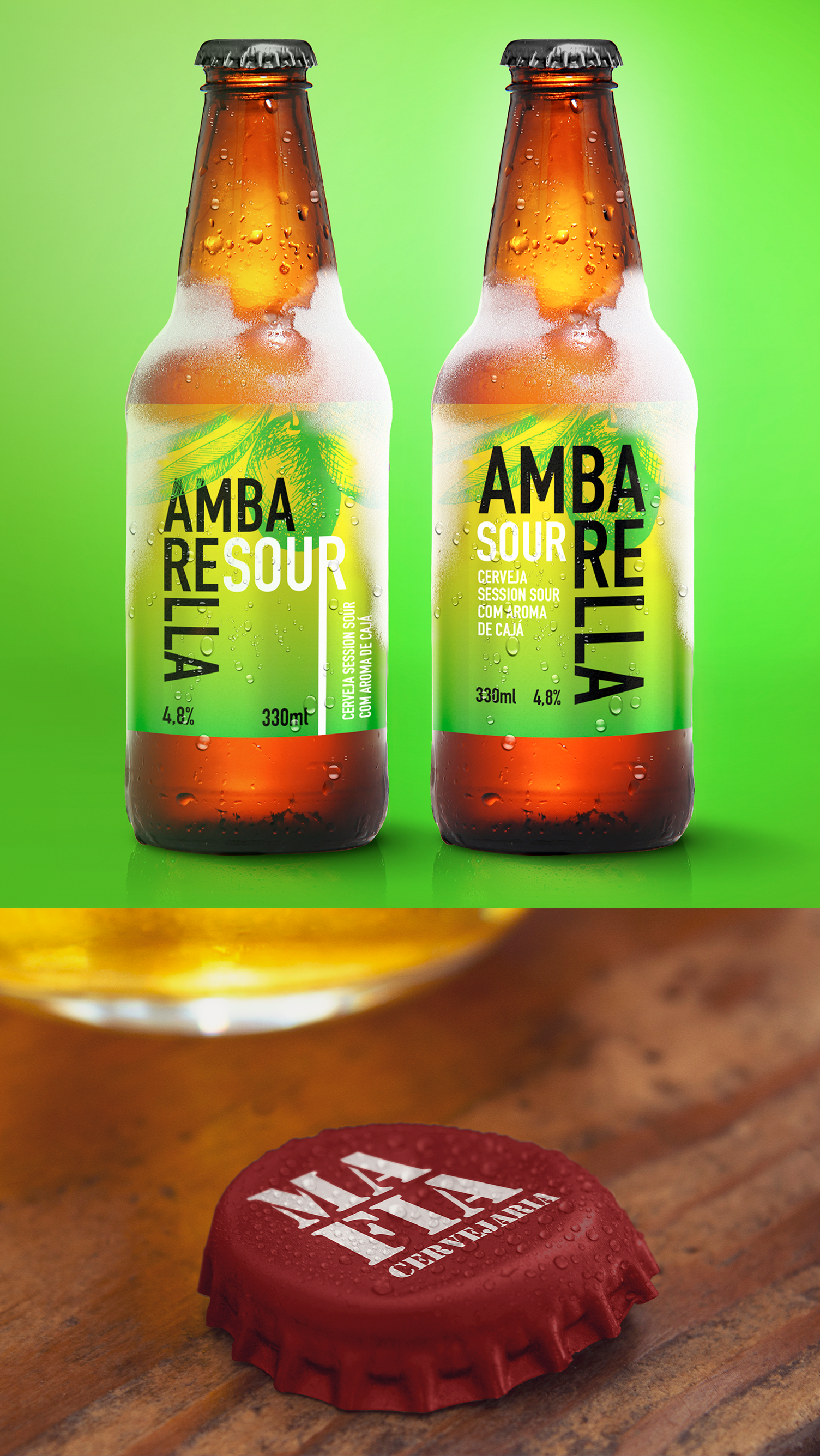 Duas garrafas de cerveja estão lado a lado em uma mesa de madeira.