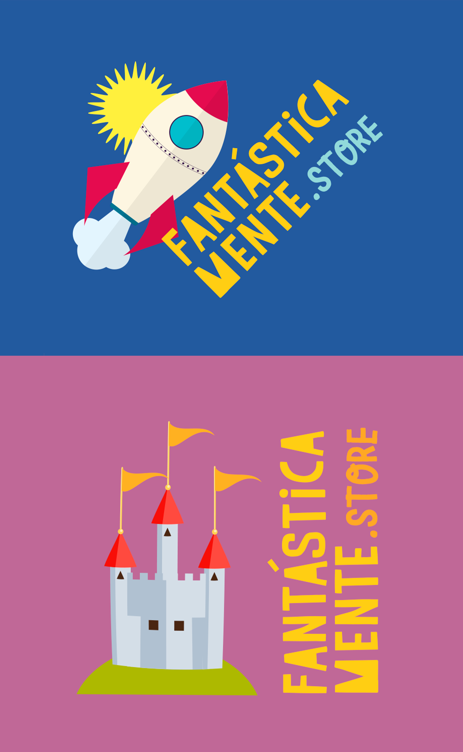 Logotipo de uma loja fantastica mente com um foguete e um castelo