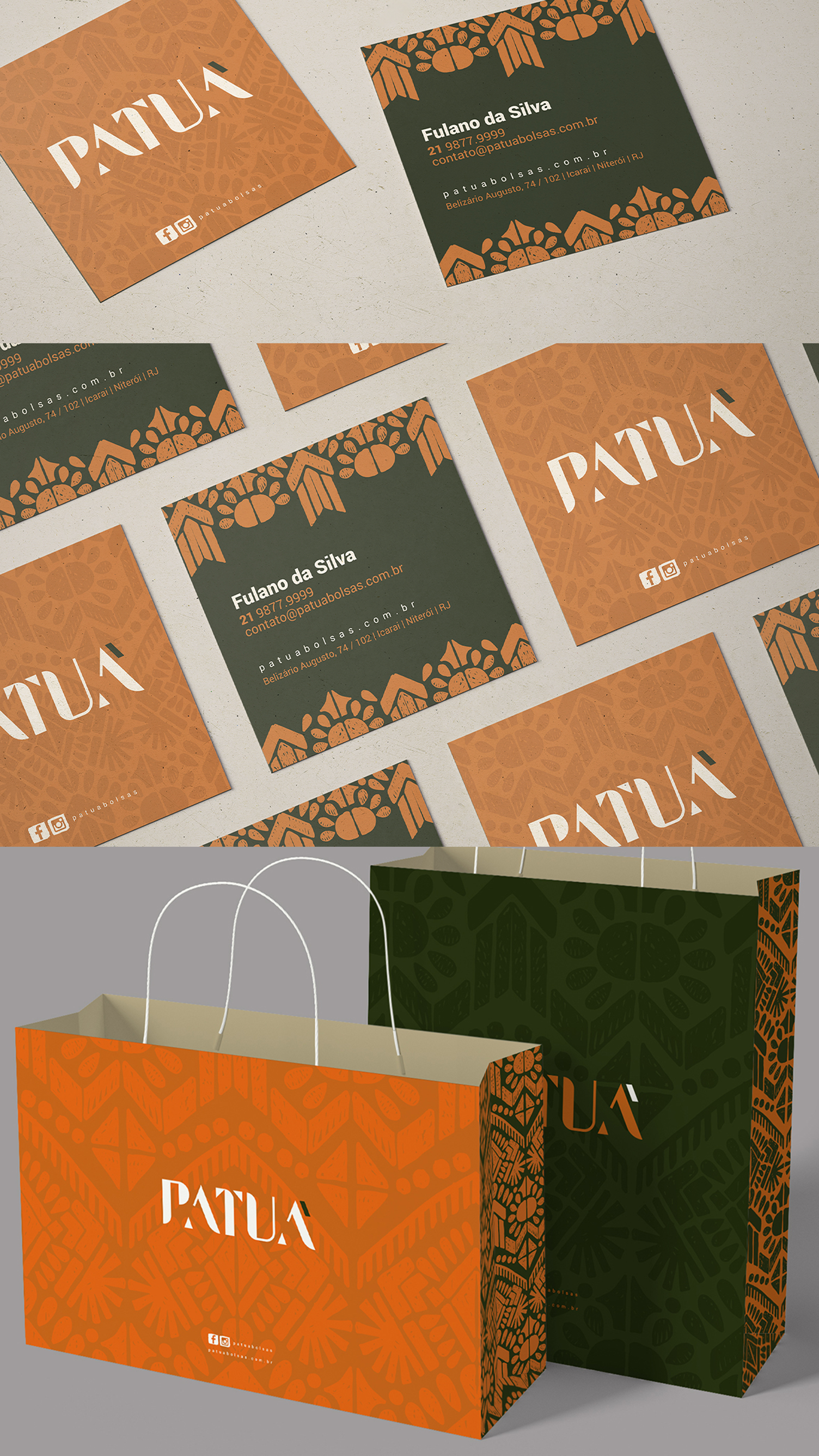 PATUÁ A collage of business cards and a shopping bag.