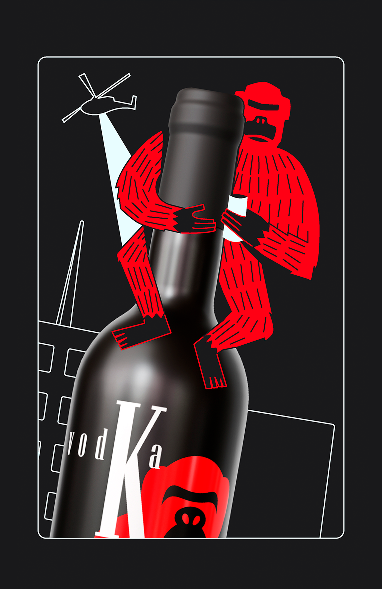 KONG Vodka Uma garrafa de vodka com um gorila vermelho nela
