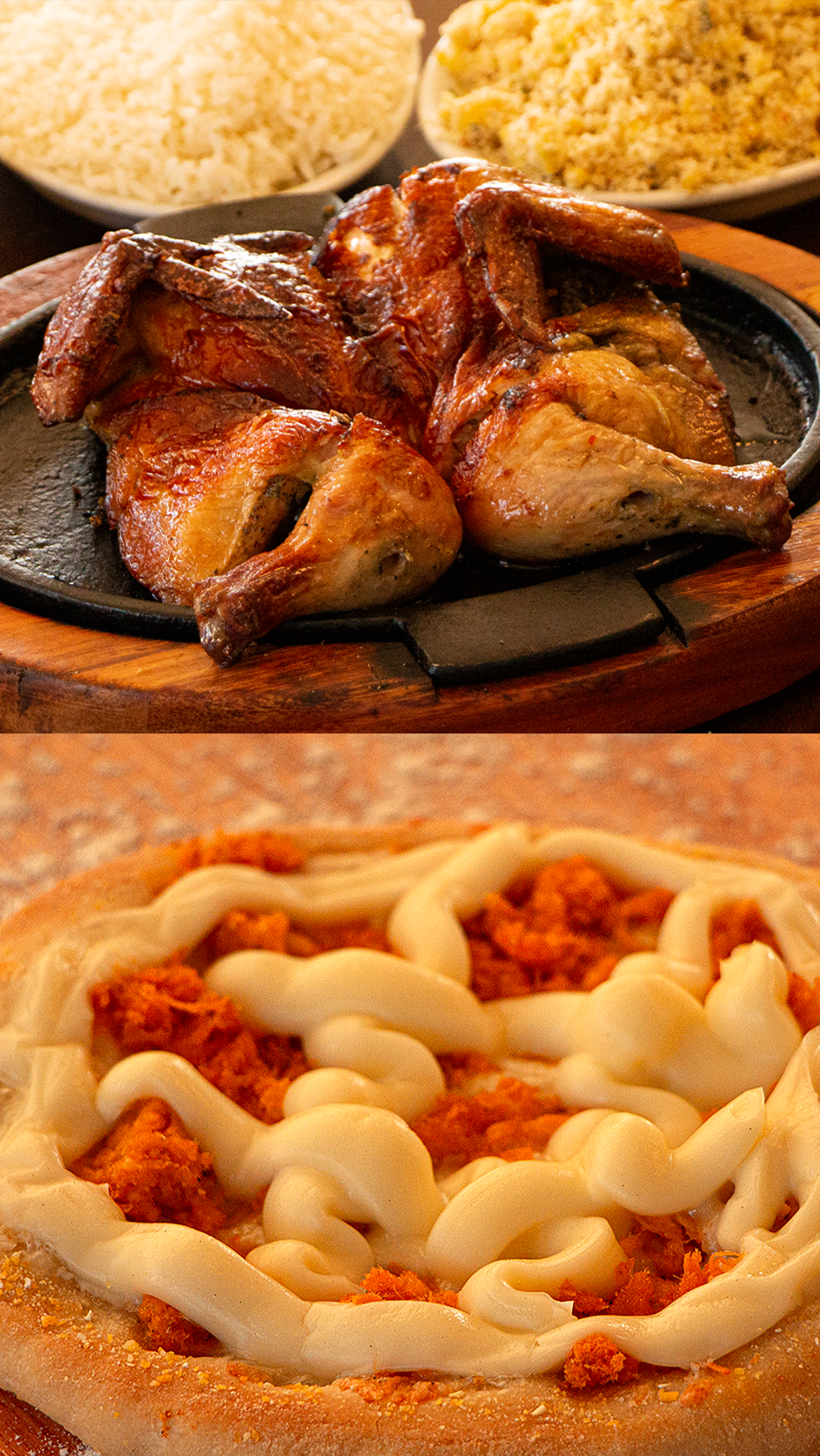 Turus Há uma imagem de uma galinha e uma imagem de uma pizza.