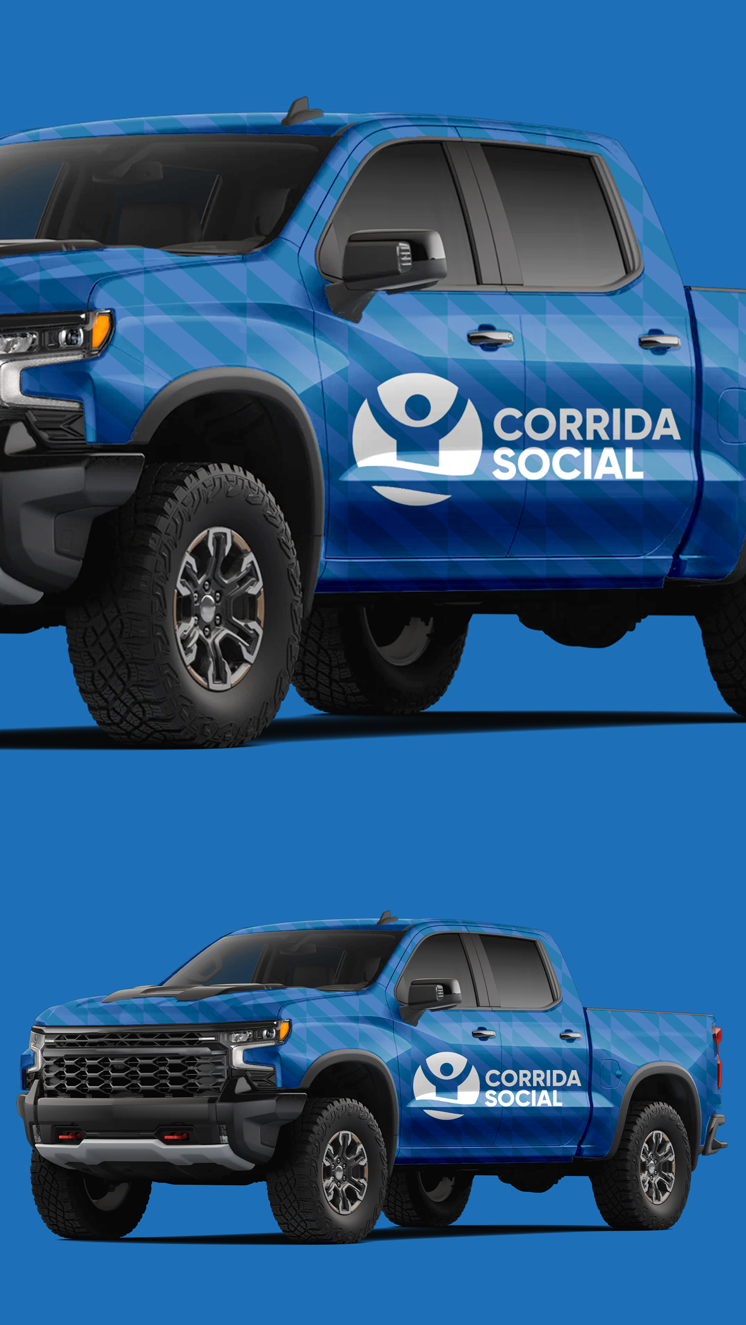 Corrida Social Um caminhão azul com a palavra corrida social na lateral.