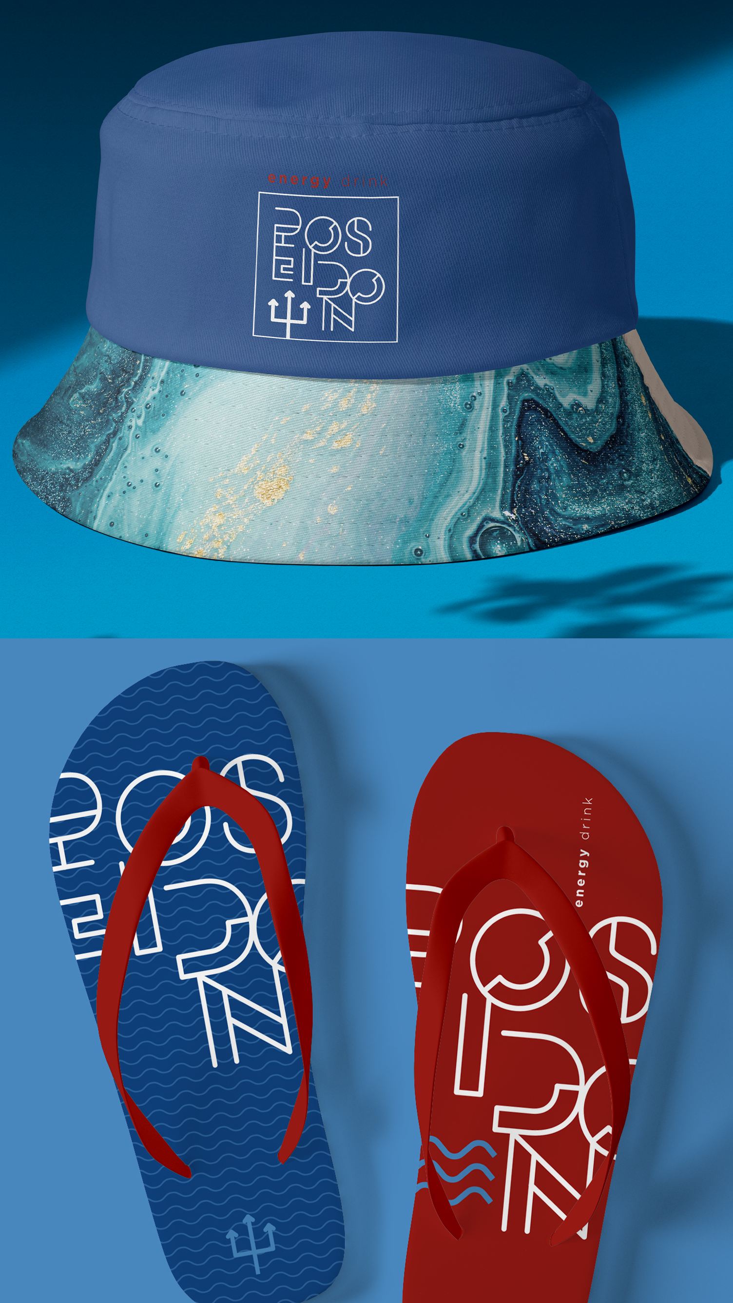 Poseidon Energy Drink A blue bucket hat and a pair of red flip flops