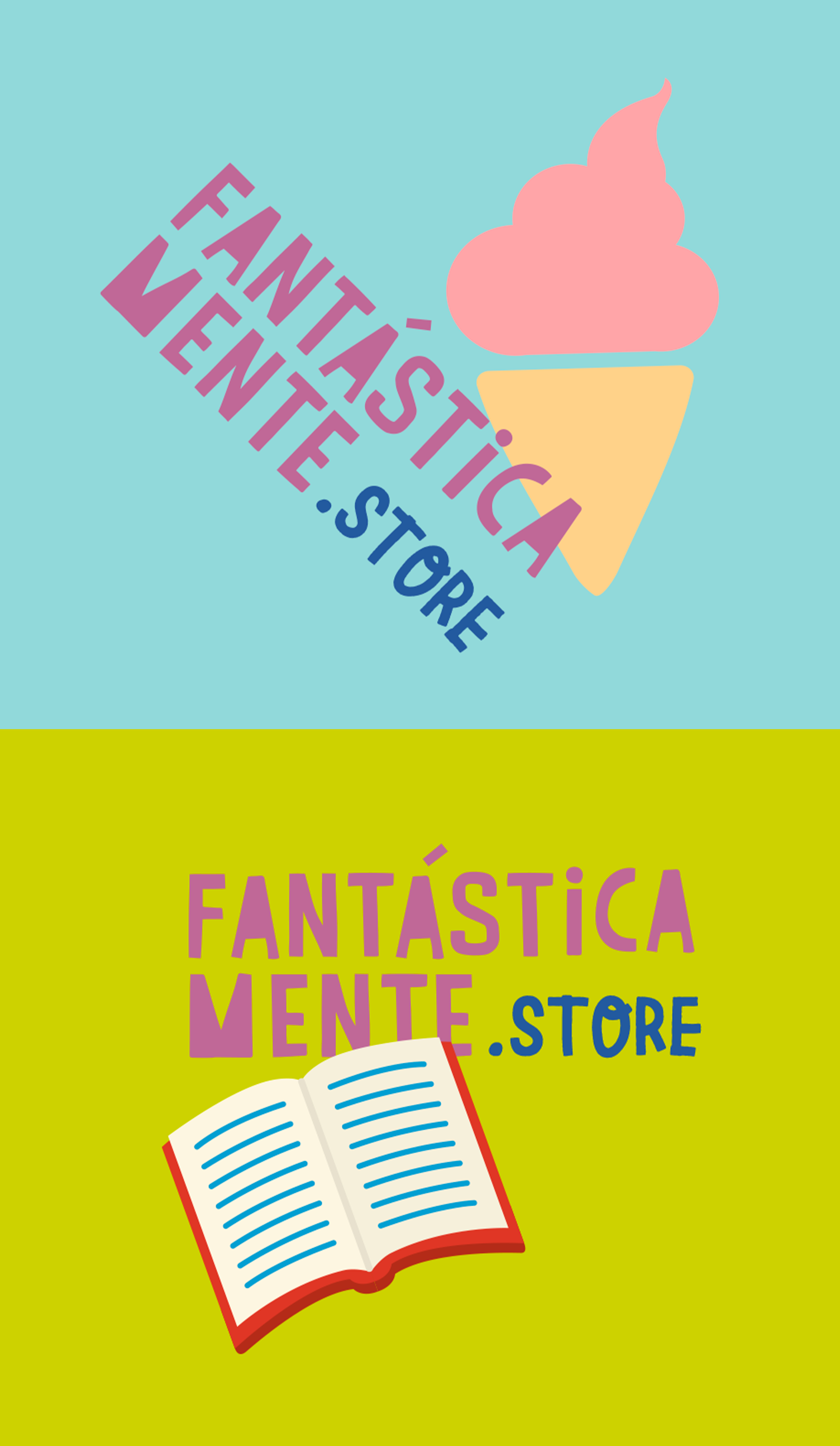 Dois logotipos da loja fantastica mente em fundo azul e amarelo