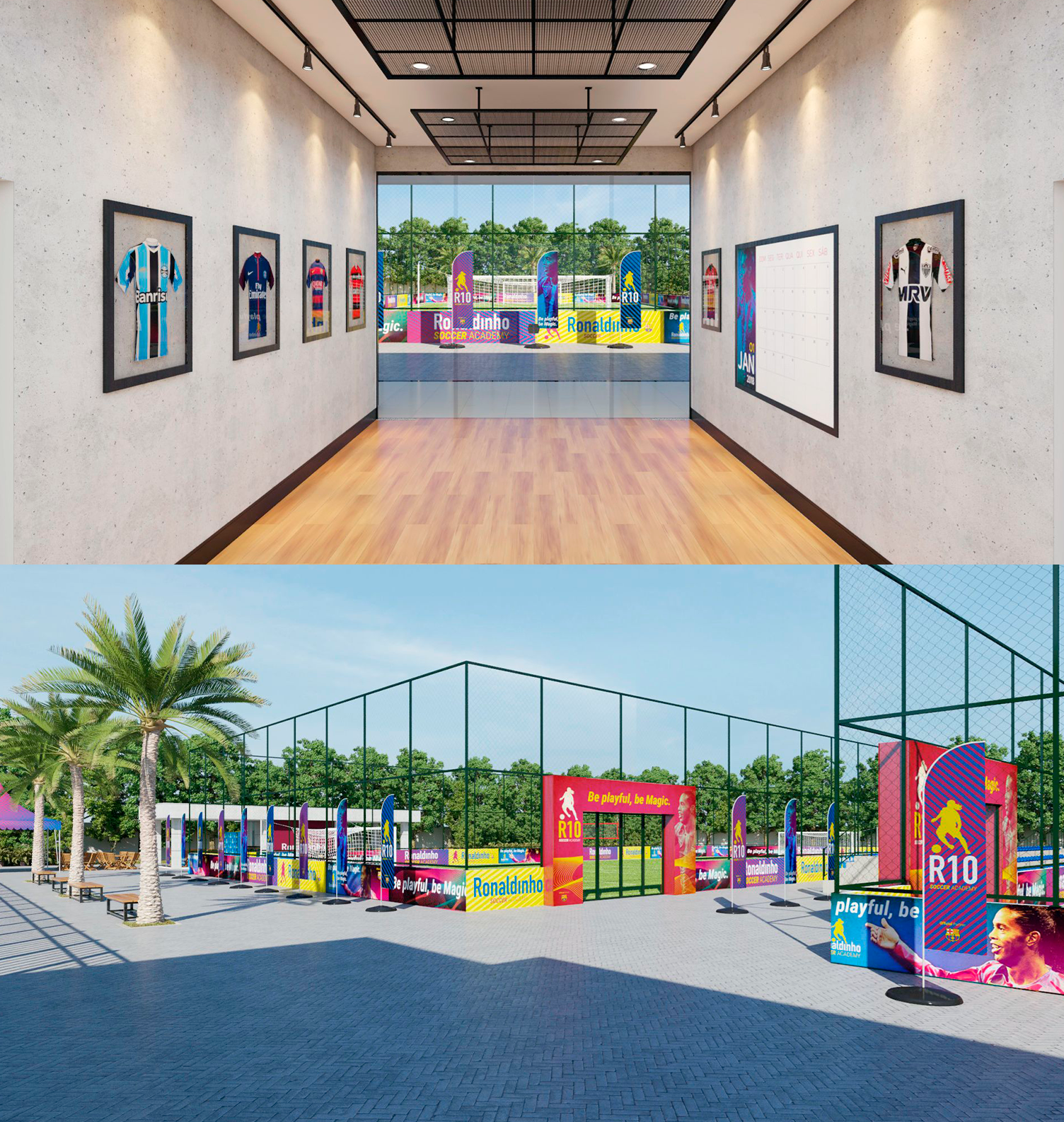Ronaldinho Soccer Academy Uma foto de um corredor e uma foto de um playground