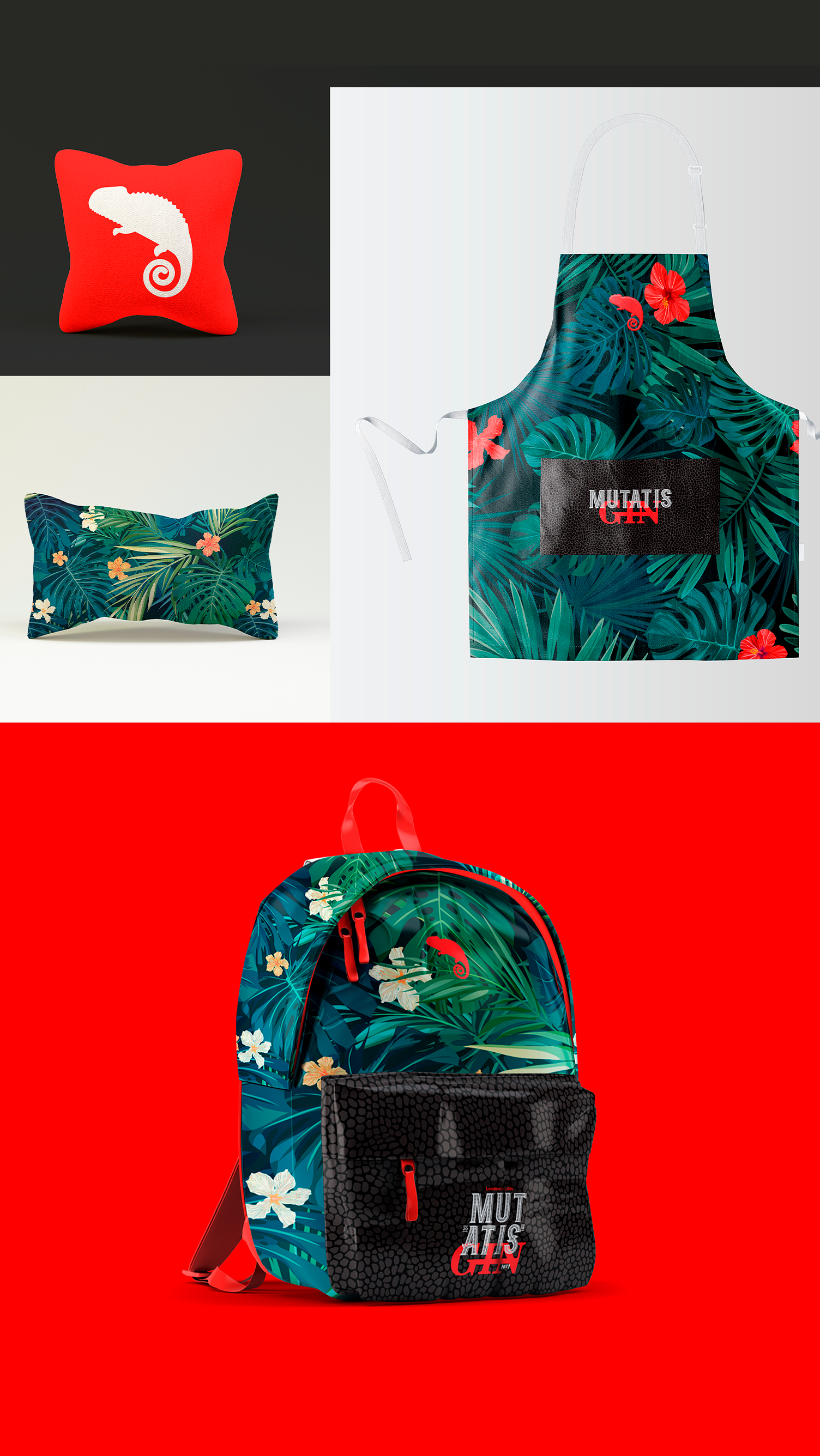 Uma mochila, um avental, um travesseiro e uma almofada vermelha sobre fundo vermelho.