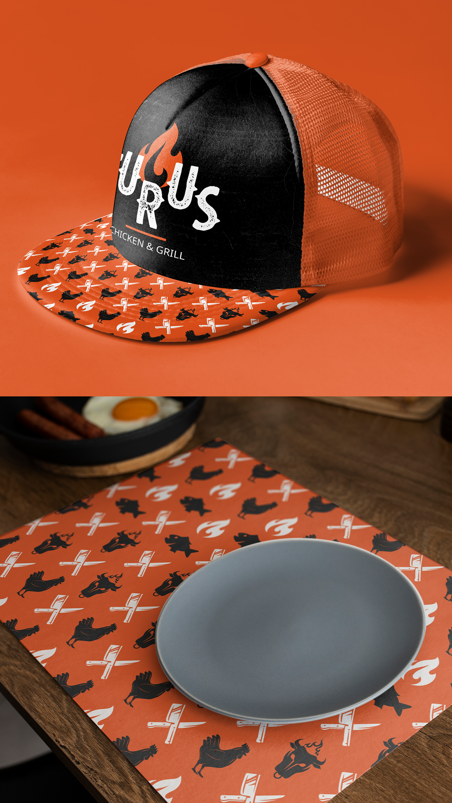 Turus Um chapéu e um prato sobre um jogo americano sobre uma mesa.