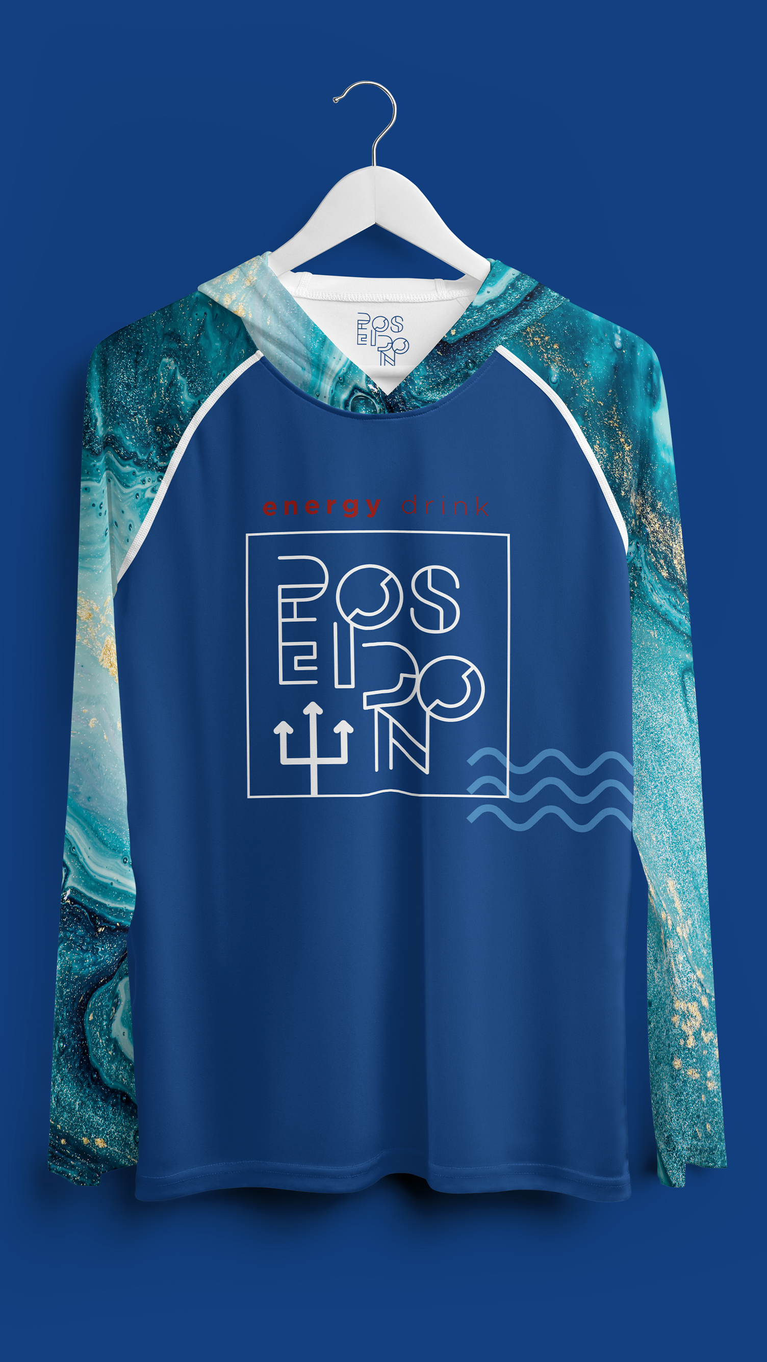 Poseidon Energy Drink A blue hoodie is hanging on a white hanger.