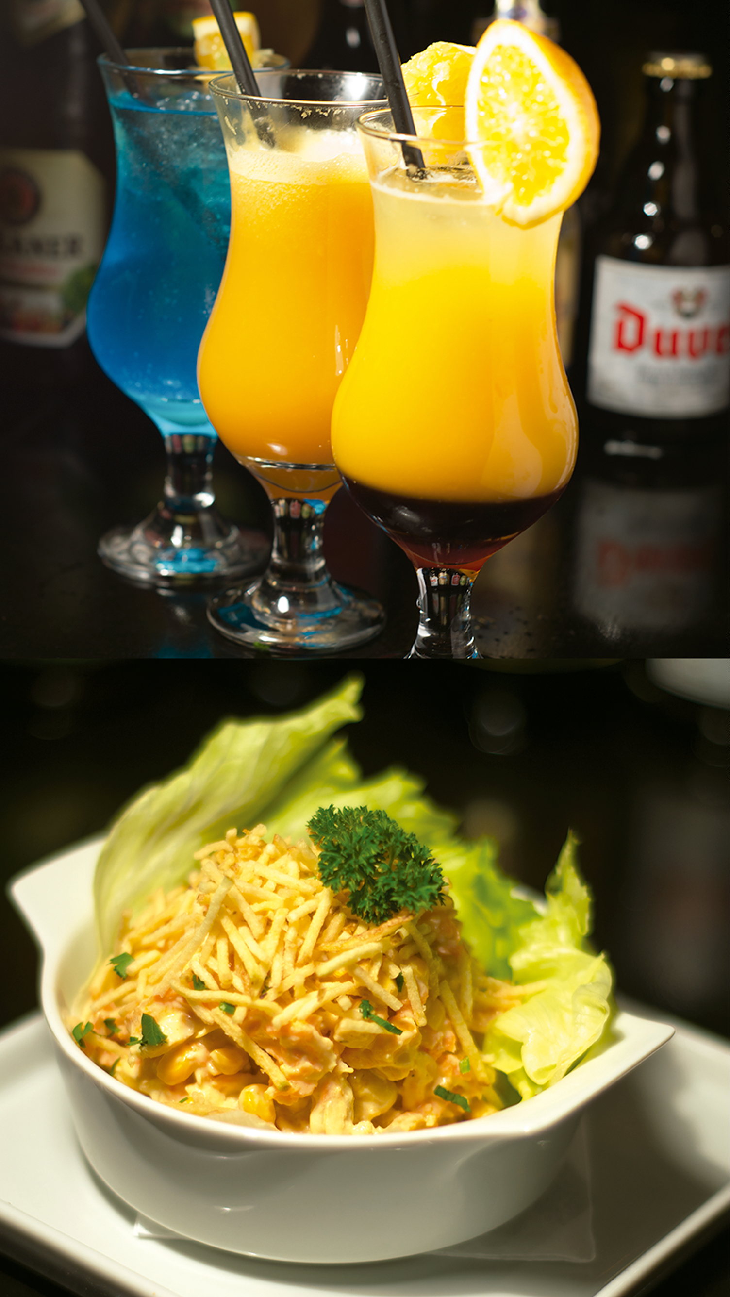 Travessa A bowl of food next to a glass of orange juice
