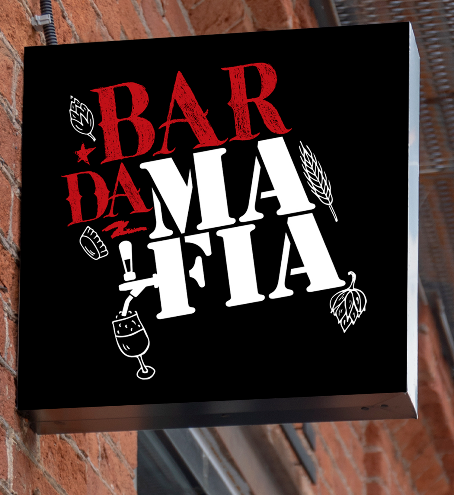 BAR DA MAFIA Uma placa para bar dama fia está pendurada em uma parede de tijolos