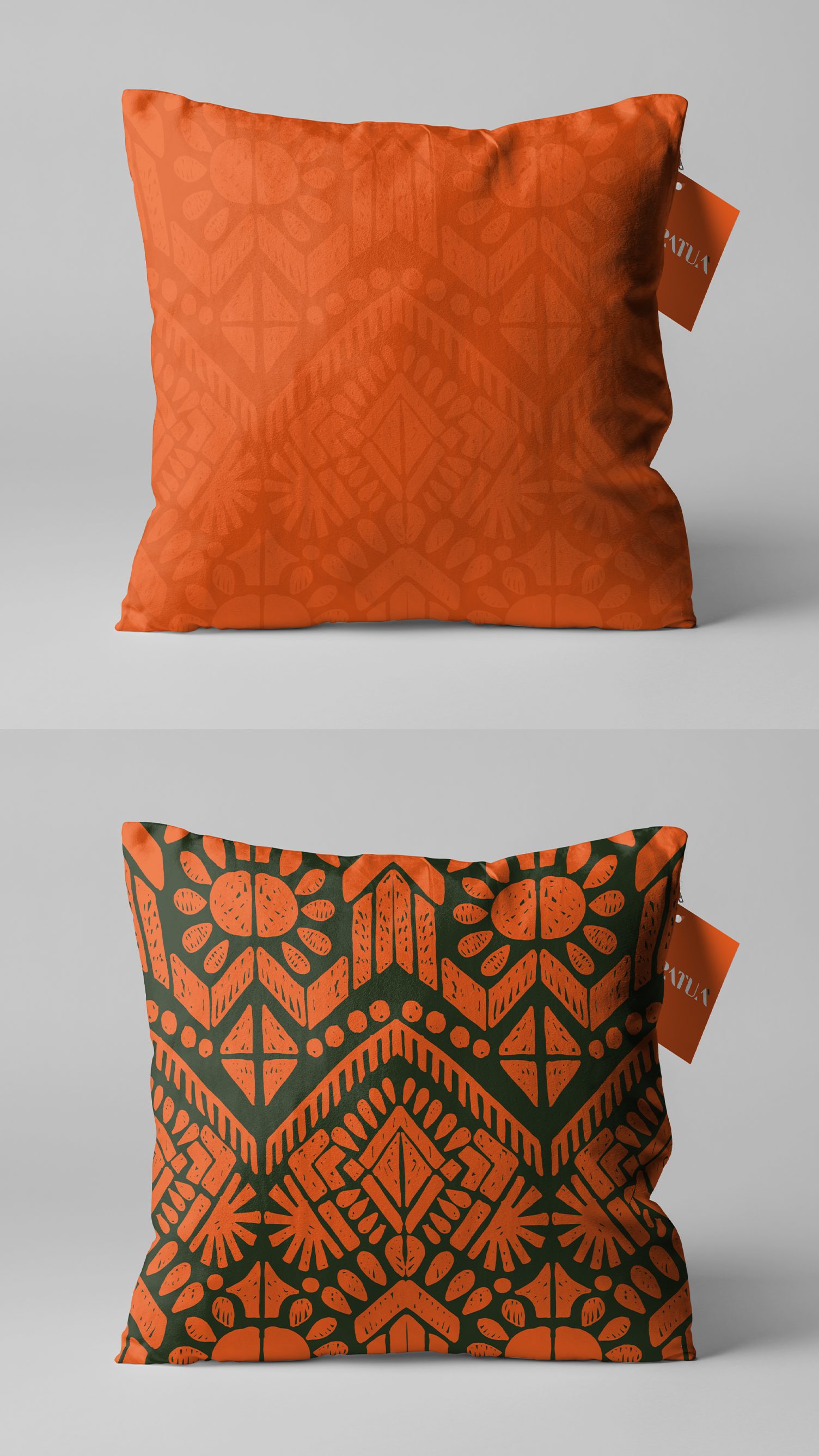 PATUÁ A mockup of an orange and green pillow with a geometric pattern.