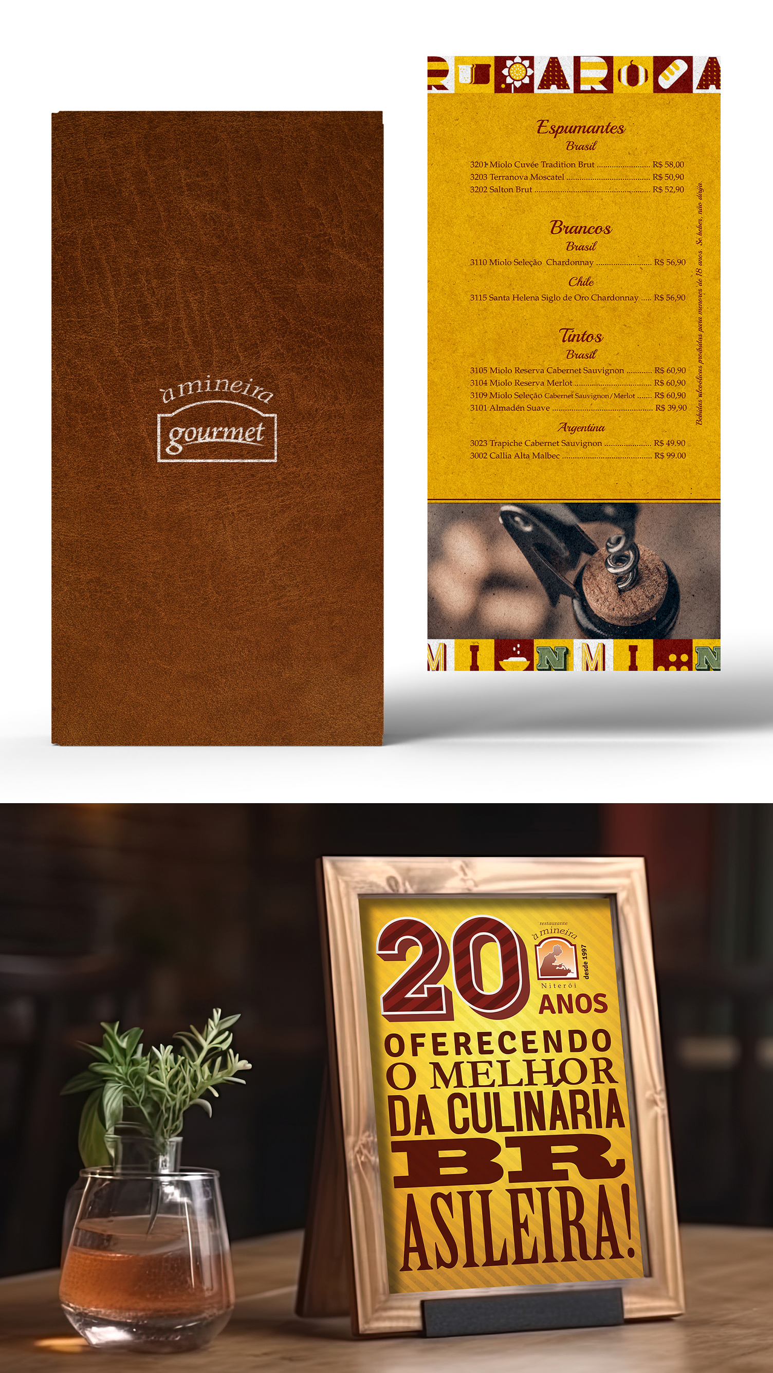A imagem de um menu e a imagem de uma placa sobre uma mesa.