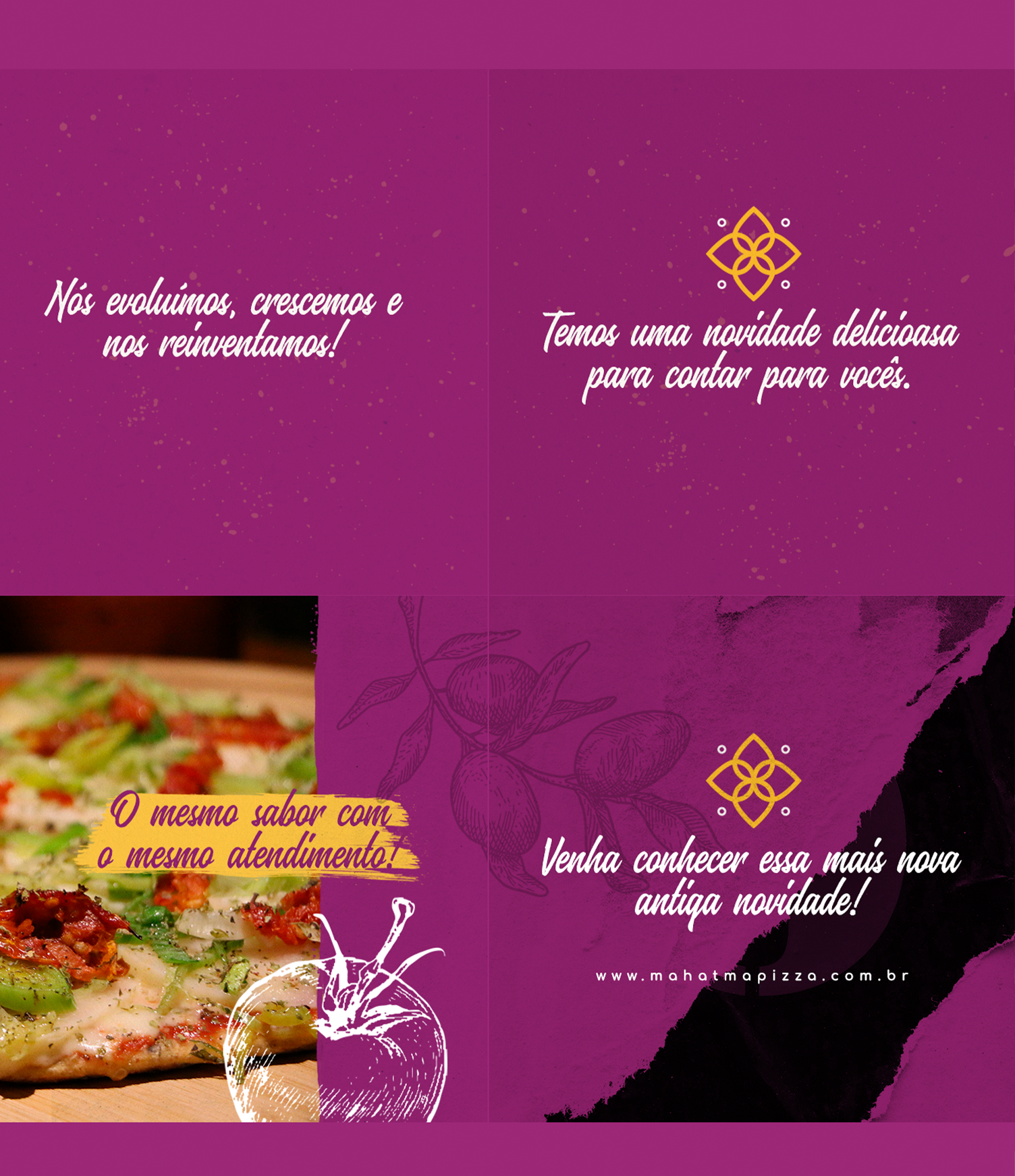 Mahatma Pizzas Um fundo roxo com a foto de uma pizza