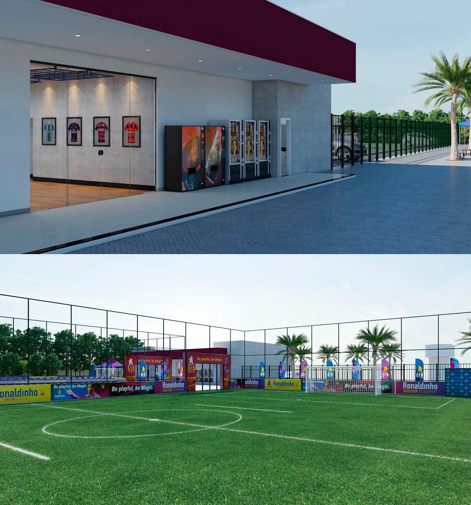 Ronaldinho Soccer Academy Uma foto de um prédio e uma foto de um campo de futebol