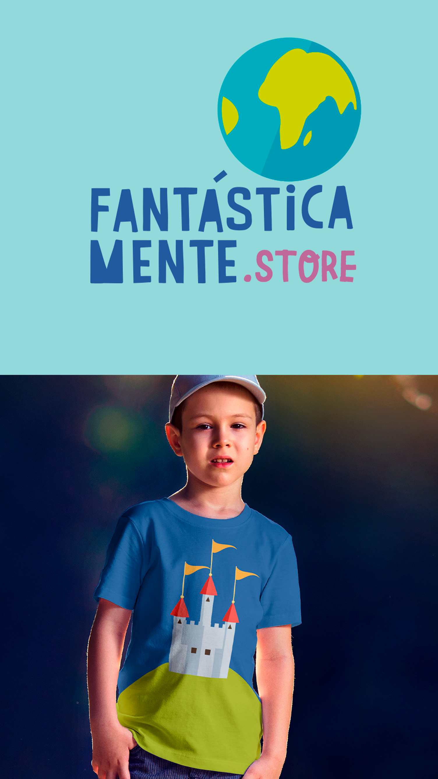 Um menino vestindo uma camisa da loja fantastica mente